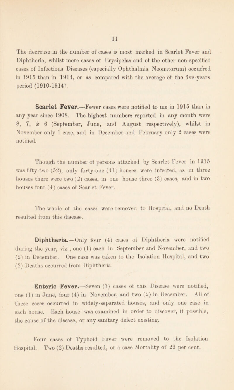 The decrease in the number of cases is most marked in Scarlet Fever and Diphtheria, whilst more cases ot Erysipelas and of the other non-specified cases of Infectious Diseases (especially Ophthalmia Neonatorum) occurred in 1915 than in 1914, or as compared with the average of the five-years period (1910-1914\ Scarlet Fever.—Fewer cases were notified to me in 1915 than in any year since 1908. The highest numbers reported in any month were 8, 7, & 6 (September, June, and August respectively), whilst in November only 1 case, and in December and February only 2 cases were notified. Though the number of persons attacked by Scarlet Fever in 1915 was fifty-two (52), only forty-one (41) houses were infected, as in three houses there were two (2) cases, in one house three (3) cases, and in two houses four (4) cases of Scarlet Fever. 'Fhe whole of the cases were removed to Kospital, and no Death resulted from this disease. Diphtheria.—Only four (4) cases of Diphtheria were notified during the year, viz., one (1) each in September and November, and two (2) in December. One case was taken to the Isolation Hospital, and two (2) Deaths occurred from Diphtheria. Enteric Fever.—Seven (7) cases of this Disease were notified, one (1) in June, four (4) in November, and two (2) in December. All of these cases occurred in widely-separated houses, and only one case in each house. Each house was examined in order to discover, if possible, the cause of the disease, or any sanitary defect existing. Four cases of Typhoid kever were removed to the Isolation Hospital. Two (2) Deaths resulted, or a case Mortality of 29 per cent.