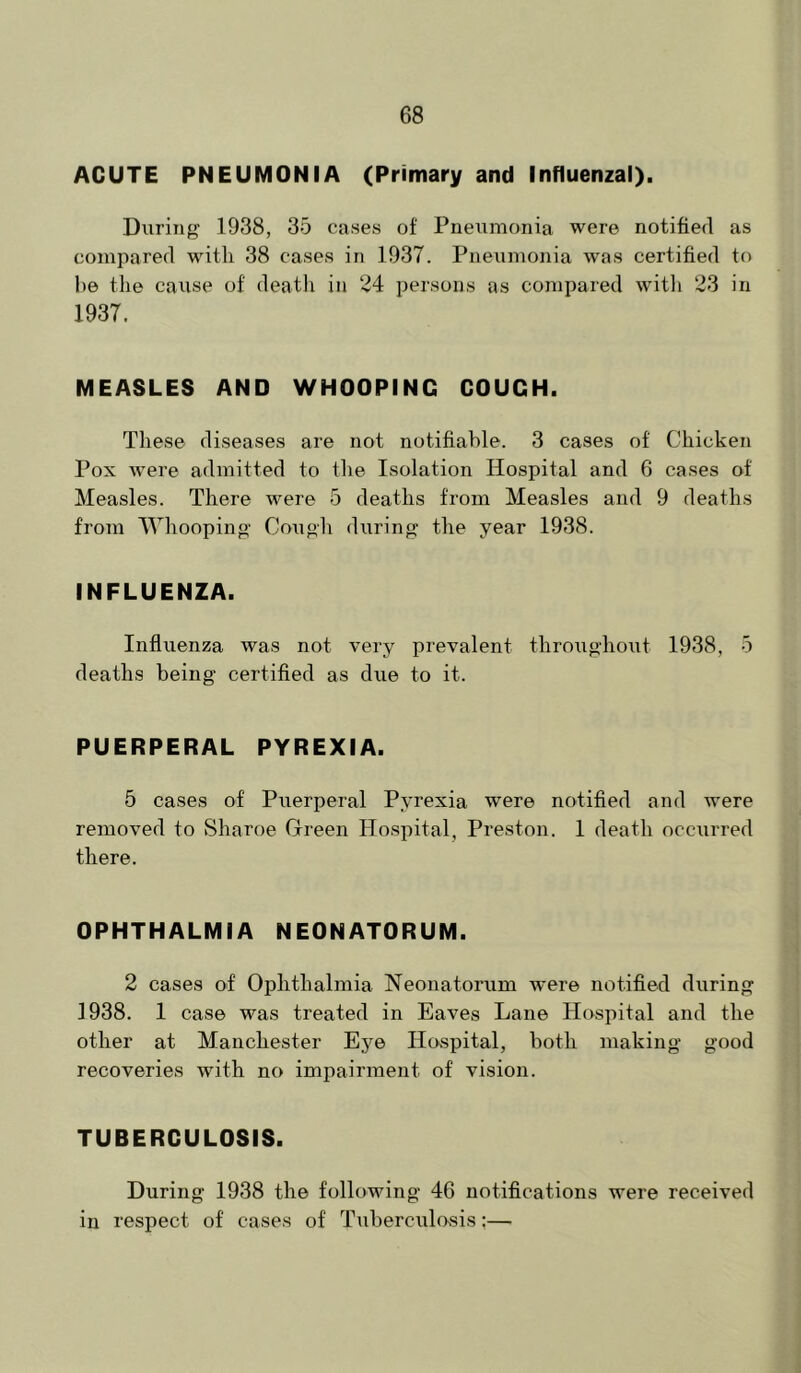 ACUTE PNEUMONIA (Primary and Influenzal). During 1938, 35 cases of Pneumonia were notified as compared with 38 cases in 1937. Pneumonia was certified to be the cause of deatli in 24 persons as compared witli 23 in 1937. MEASLES AND WHOOPING COUCH. These diseases are not notifiable. 3 cases of Chicken Pox were admitted to the Isolation Hospital and 6 cases of Measles. There were 5 deaths from Measles and 9 deaths from Whooping Cough during the year 1938. INFLUENZA. Influenza was not very prevalent throiighout 1938, 5 deaths being certified as due to it. PUERPERAL PYREXIA. 5 cases of Puerperal Pyrexia were notified and were removed to Sharoe Green Hospital, Preston. I death occurred there. OPHTHALMIA NEONATORUM. 2 cases of Ophthalmia Neonatorum were notified during 1938. 1 case was treated in Eaves Lane Hospital and the other at Manchester Eye Hospital, both making good recoveries with no impairment of vision. TUBERCULOSIS. During 1938 the following 46 notifications were received in respect of cases of Tuberculosis:—