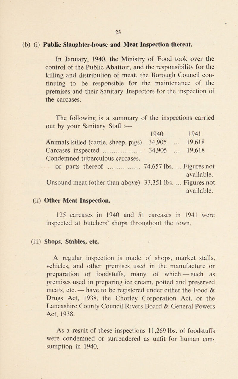 (b) (i) Public Slaughter-house and Meat Inspection thereat. In January, 1940, the Ministry of Food took over the control of the Public Abattoir, and the responsibility for the killing and distribution of meat, the Borough Council con- tinuing to be responsible for the maintenance of the premises and their Sanitary Inspectors for the inspection of the carcases. The following is a summary of the inspections carried out by your Sanitary Staff :— 1940 1941 Animals killed (cattle, sheep, pigs) 34,905 ... 19,618 Carcases inspected 34,905 ... 19,618 Condemned tuberculous carcases, or parts thereof 74,657 lbs. ... Figures not available. Unsound meat (other than above) 37,351 lbs. ... Figures not available. (ii) Other Meat Inspection. 125 carcases in 1940 and 51 carcases in 1941 were inspected at butchers’ shops throughout the town. (iii) Shops, Stables, etc. A regular inspection is made of shops, market stalls, vehicles, and other premises used in the manufacture or preparation of foodstuffs, many of which — such as premises used in preparing ice cream, potted and preserved meats, etc. —^ have to be registered under either the Food & Drugs Act, 1938, the Chorley Corporation Act, or the Lancashire County Council Rivers Board & General Powers Act, 1938. As a result of these inspections 11,269 lbs. of foodstuffs were condemned or surrendered as unfit for human con- sumption in 1940,