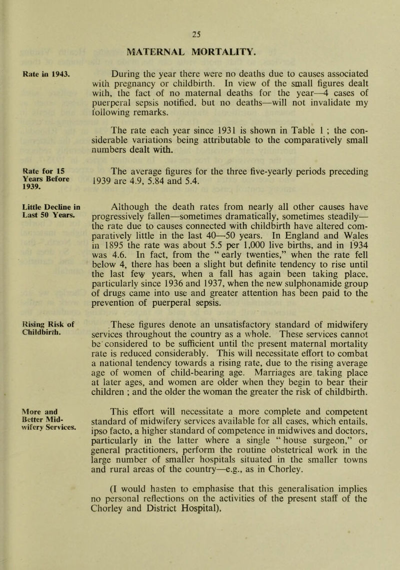 Kate in 1943. Rate for 15 Years Before 1939. Little Decline in Last 50 Years. Rising Risk of Childbirth. More and Better Mid- wifery Services. MATERNAL MORTALITY. During the year there were no deaths due to causes associated with pregnancy or childbirth. In view of the small figures dealt wiih, the fact of no maternal deaths for the year—4 cases of puerperal sepsis notified, but no deaths—will not invalidate my following remarks. The rate each year since 1931 is shown in Table 1 ; the con- siderable variations being attributable to the comparatively small numbers dealt with. The average figures for the three five-yearly periods preceding 1939 are 4.9, 5.84 and 5.4. Although the death rates from nearly all other causes have progressively fallen—sometimes dramatically, sometimes steadily— the rate due to causes connected with childbirth have altered com- paratively little in the last 40—50 years. In England and Wales in 1895 the rate was about 5.5 per 1,000 live births, and in 1934 was 4.6. In fact, from the “ early twenties,” when the rate fell below 4, there has been a slight but definite tendency to rise until the last fe\y years, when a fall has again been taking place, particularly since 1936 and 1937, when the new sulphonamide group of drugs came into use and greater attention has been paid to the prevention of puerperal sepsis. These figures denote an unsatisfactory standard of midwifery services throughout the country as a whole. These services cannot be considered to be sufficient until the present maternal mortality rate is reduced considerably. This will necessitate effort to combat a national tendency towards a rising rate, due to the rising average age of women of child-bearing age. Marriages are taking place at later ages, and women are older when they begin to bear their children ; and the older the woman the greater the risk of childbirth. This effort will necessitate a more complete and competent standard of midwifery services available for all cases, which entails, ipso facto, a higher standard of competence in midwives and doctors, particularly in the latter where a single “ house surgeon,” or general practitioners, perform the routine obstetrical work in the large number of smaller hospitals situated in the smaller towns and rural areas of the country—e.g., as in Chorley. (I would hasten to emphasise that this generalisation implies no personal reflections on the activities of the present staff of the Chorley and District Hospital).