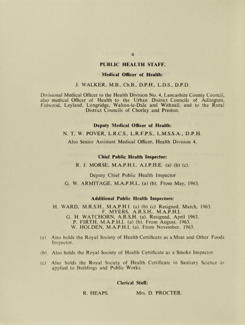 PUBLIC HEALTH STAFF. Medical Officer of Health: J. WALKER. M.B., Ch.B., D.P.H., L.D.S., D.P.D. Divisional Medical Oflicer to the Health Division No. 4, Lancashire County Council, also medical Ofticer of Health to the Urban District Councils of Adlington, Fuivvood. Leyland. Longridge, Walton-le-Dale and Withnell, and to the Rural District Councils of Chorley and Preston. Deputy Medical Officer of Health: N. T. W. POVER, L.R.C.S., L.R.F.P.S.. L.M.S.S.A.. D.P.H, Also Senior Assistant Medical Officer, Health Division 4. Chief Public Health Inspector: R. J. MORSE, M.A.P.H.I., A.I.P.H.E. (a) (b) (c). Deputy Chief Public Health Inspector G. W. ARMITAGE, M.A.P.H.I., (a) (b). From May. 1963. Additional Public Health Inspectors: H. WARD, M.R.S.H., M.A.P.H.I. (a) (b) (c) Resigned, March, 1963. F. MYERS, A.R.S.H., M.A.P.H.I. G. H. WATCHORN, A.R.S.H. (a). Resigned, April 1963. P. FIRTH, M.A.P.H.I. (a) (b). From August. 1963. W. HOLDEN, M.A.P.H.I. (a). From November, 1963. (a) .Also holds the Royal Society of Health Certificate as a Meat and Other Foods Inspector. lb) Also holds the Royal Society of Health Certificate as a Smoke Inspector. (c) Also holds the Royal Society of Health Certificate in Sanitary Science as applied to Buildings and Public Works. Clerical Staff: R. HEAPS. Mrs. D. PROCTER.