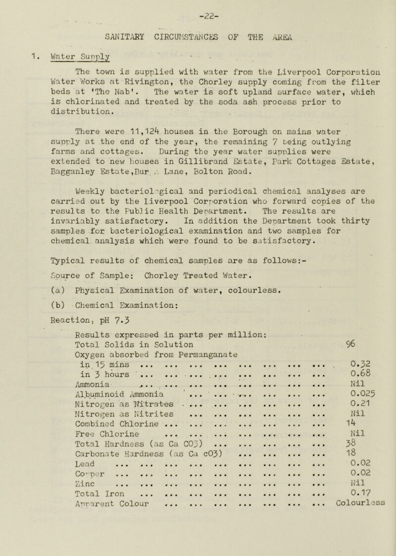 -22- S AN IT ARY CIRCLJriST/iNCl!]S OF THE /iREil Water Supply  ’ • The town is supplied with water from the Liverpool Corporcitioa Water Works at Rivington, the Chorle^ supply coming from the filter beds at 'The Nab'. The water is soft upland surface water, v/hich is chlorinated and treated by the soda ash process prior to distribution. There were 11,124 houses in the Borough on mains water supply at the end of the year, the remaining 7 teing outlying farms and cottages. During the year water supplies were extended to new houses in Gillibrand Estate, Fark Cottages Estate, Eagganley Estate,Bur Lane, Bolton Road. V/eekly bacteriological and periodical chemical analyses are carried out by the liverpool Corr'oration who forward copies of the results to the Public Health Department. The results are invariably satisfactory. In addition the Department took thirty samples for bacteriological excunination and two samples for chemical, analysis which were found to be satisfactory. Typical results of chemical samples are as follows;- Source of Sample: Chorley Treated Water. (a) Physical Examination of water, colourless. (b) Chemical Examination: Reaction, pH 7*3 Results expressed in parts per million: Total Solids in Solution Oxygen absorbed from Permanganate in 15 mins in 3 hours ' ... Ammonia .... Albuminoid Ammonia ' ... ... - Nitrogen as Tlitrates • Nitrogen as Nitrites Combined Chlorine Free Chlorine Total Hardness (as Ca C05) Carbonate Hardness (as Ca c03) Lead ... Co’-por Zinc Total Iron Ap'rarent Colour 96 0.32 0.68 Nil 0.025 0.21 Nil 14 Nil 38 18 0.02 0.02 Nil 0.17 Colourless