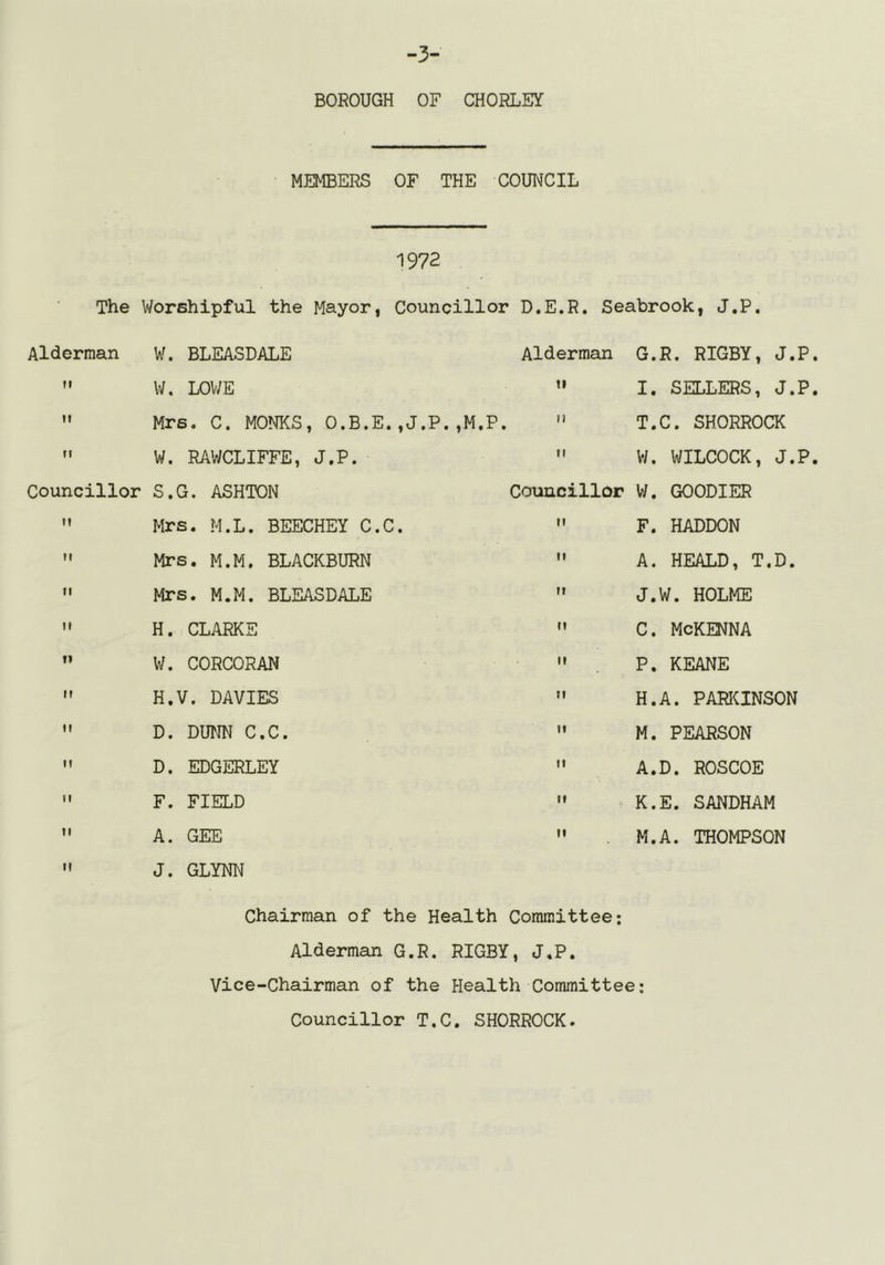 -3- BOROUGH OF CHORLEY MEMBERS OF THE COUNCIL 1972 The Worshipful the Mayor, Councillor D.E.R. Seabrook, J.P. Alderman W. BLEASDALE Alderman G.R. RIGBY, J. tt W. LOWE t) I. SELLERS, J. n Mrs. C. MONKS, O.B.E.,J.P. ,M.P. ” T.C. SHORROCK fi W. RAWCLIFFE, J.P. tl W. WILCOCK, J. Councillor S.G. ASHTON Councillor W. GOODIER ti Mrs. M.L. BEECHEY C.C. II F. HADDON ti Mrs. M.M. BLACKBURN II A. HEALD, T.D. ti Mrs. M.M. BLEASDALE It J.W. HOLME n H. CLARKE II C. McKENNA ti W. CORCORAN II P. KEANE jf H.V. DAVIES It H.A. PARKINSON It D. DUNN C.C. II M. PEARSON It D. EDGERLEY II A.D. ROSCOE M F. FIELD tl K.E. SANDHAM tl A. GEE II M.A. THOMPSON II J. GLYNN Chairman of the Health Committee; Alderman G.R. RIGBY, J,P. Vice-Chairman of the Health Committee; Councillor T.C. SHORROCK.