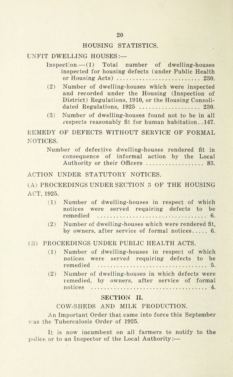 HOUSING STATISTICS. UNFIT DWELLING HOUSES:— Inspection.— (1) Total number of dwelling-houses inspected for housing defects (under Public Health or Housing Acts) 230. (2) Number of dwelling-houses which were inspected and recorded under the Housing (Inspection of District) Regulations, 1910, or the Housing Consoli- dated Regulations, 1925 230. (3) Number of dwelling-houses found not to be in all respects reasonably fit for human habitation. .147. REMEDY OF DEFECTS WITHOUT SERVICE OF FORMAL NOTICES. Number of defective dwelling-houses rendered fit in consequence of informal action by the Local Authority or their Officers 83. ACTION UNDER STATUTORY NOTICES. (A) PROCEEDINGS UNDER SECTION 3 OF THE HOUSING ACT, 1925. ll) Number of dwelling-houses in respect of which notices were served requiring defects to be remedied 6. (2) Number of dwelling-houses which were rendered fit, by owners, after service of formal notices 6. (E) PROCEEDINGS UNDER PUBLIC HEALTH ACTS. (1) Number of dwelling-houses in respect of which notices were served requiring defects to be remedied . 5. (2) Number of dwelling-houses in which defects were remedied, by owners, after service of formal notices 4. SECTION II. COW-SHEDS AND MILK PRODUCTION. An Important Order that came into force this September v as the Tuberculosis Order of 1925. It is now incumbent on all farmers to notify to the p*olice or to an Inspector of the Local Authority:—