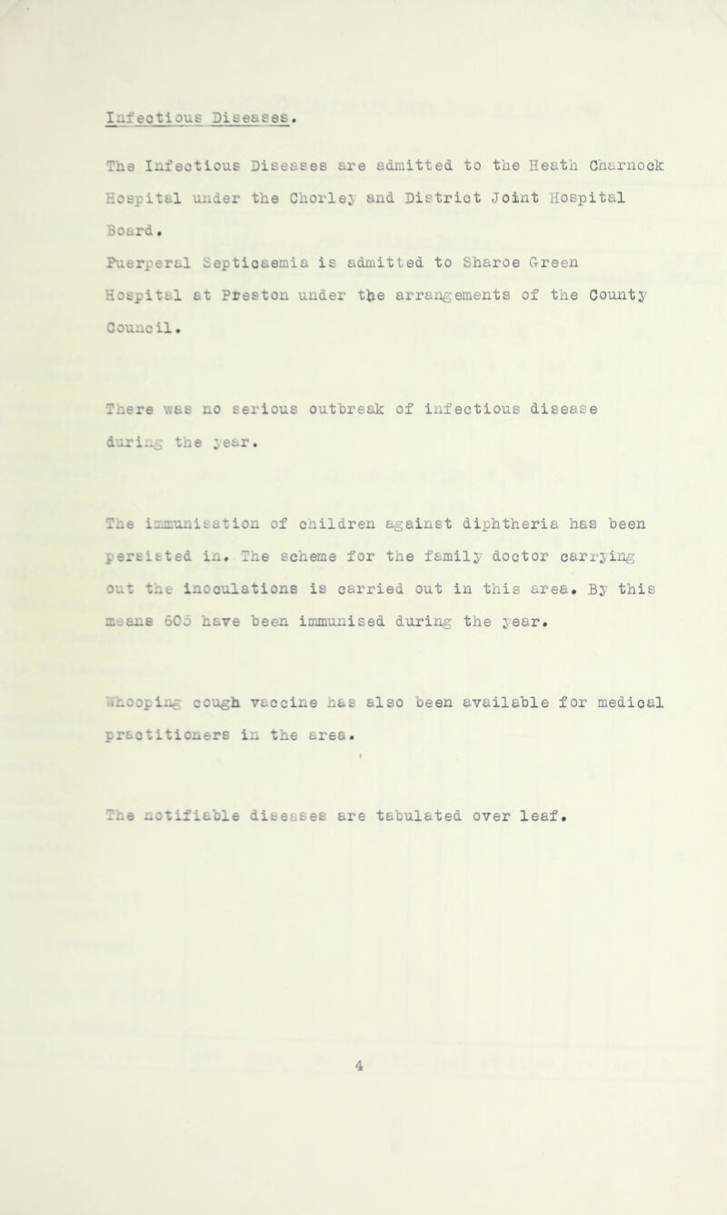 Infectious Diseases The Infectious Diseases are admitted to the Heath Charnock Hospital under the Chorley and District Joint Hospital Board• Puerperal Septicaemia is admitted to Sharoe Green Hospital at Preston under the arrangements of the County Council. Tnere was no serious outbreak of infectious disease during the 3ear. The immunisation of cnildren against diphtheria has been persisted in. The scheme for tne family doctor carrying- out the inooulations is carried out in this area. By this u aus 5Ob have been immunised during the year. •noopin cough vaccine has also been available for medioal practitioners in the area. rhe notifiable diseases are tabulated over leaf. 4