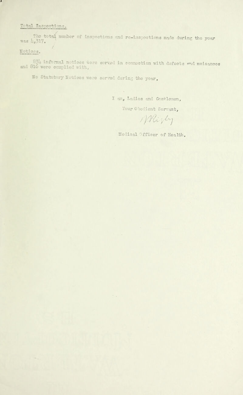 Total In scoot i on a Inspections and ro-inspootions made during tho voar was 1,317. Hotioes. S3-!, inibrsr.nl n.tioes wore and Glo were ocn.pl iod with. s in oon.nootion •with dofoots end nuisances No Statutory Nouioos woro served during tho year. I run, Ladios and Gentlemen, lour Obedient Servant, Helical Officer of Health,