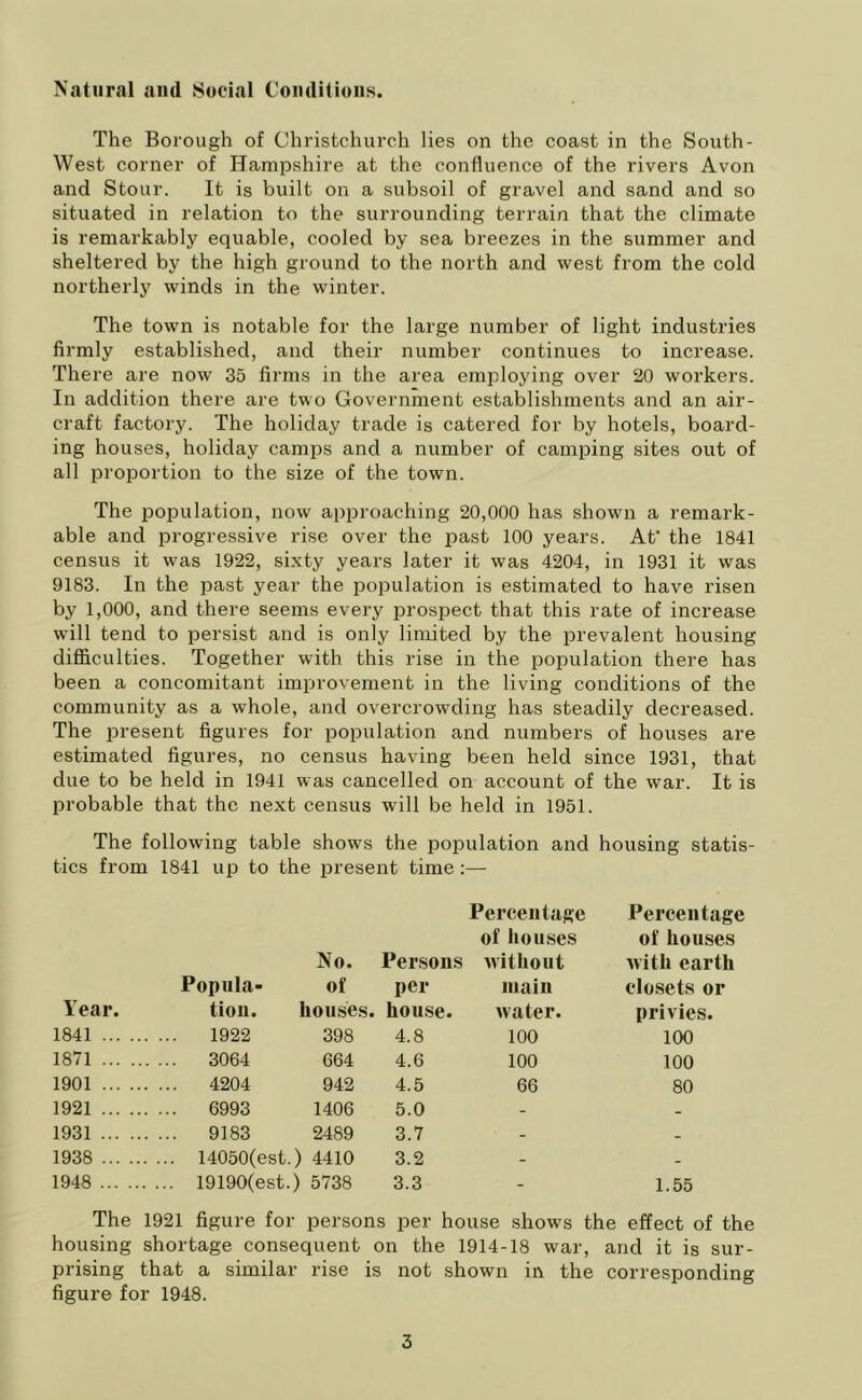 Natural and Social Conditions. The Borough of Christchurch lies on the coast in the South- West corner of Hampshire at the confluence of the rivers Avon and Stour. It is built on a subsoil of gravel and sand and so situated in relation to the surrounding terrain that the climate is remarkably equable, cooled by sea breezes in the summer and sheltered by the high ground to the north and west from the cold northerly winds in the winter. The town is notable for the large number of light industries firmly established, and their number continues to increase. There are now 35 firms in the area employing over 20 workers. In addition there are two Government establishments and an air- craft factory. The holiday trade is catered for by hotels, board- ing houses, holiday camps and a number of camping sites out of all proportion to the size of the town. The population, now approaching 20,000 has shown a remark- able and progressive rise over the past 100 years. At' the 1841 census it was 1922, sixty years later it was 4204, in 1931 it was 9183. In the past year the population is estimated to have l’isen by 1,000, and there seems every prospect that this rate of increase will tend to persist and is only limited by the prevalent housing difficulties. Together writh this rise in the population there has been a concomitant improvement in the living conditions of the community as a whole, and overcrowding has steadily decreased. The present figures for population and numbers of houses are estimated figures, no census having been held since 1931, that due to be held in 1941 was cancelled on account of the war. It is probable that the next census will be held in 1951. The following table shows the population and housing statis- tics from 1841 up to the present time :— Percentage Percentage of houses of houses No. Persons without with earth Popula- of per main closets or Year. tion. houses. house. water. privies. 1841 1922 398 4.8 100 100 1871 ... 3064 664 4.6 100 100 1901 ... 4204 942 4.5 66 80 1921 ... 6993 1406 5.0 - - 1931 ... 9183 2489 3.7 - _ 1938 ... 14050(est.) 4410 3.2 - - 1948 ... 19190(est.) 5738 3.3 - 1.55 The 1921 figure for persons per house shows the effect of the housing shortage consequent on the 1914-18 war, and it is sur- prising that a similar rise is not shown in the corresponding figure for 1948.