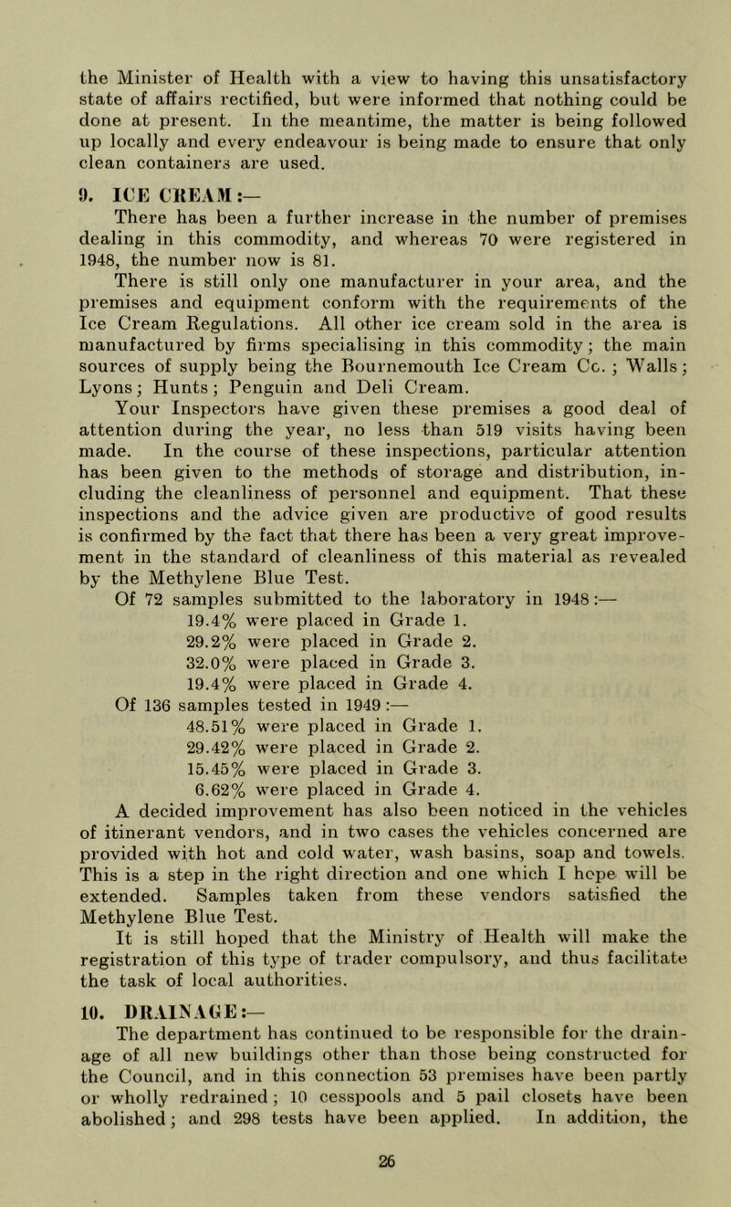 the Minister of Health with a view to having this unsatisfactory state of affairs rectified, but were informed that nothing could be done at present. In the meantime, the matter is being followed up locally and every endeavour is being made to ensure that only clean containers are used. 9. ICECREAM;— There has been a further increase in the number of premises dealing in this commodity, and whereas 70 were registered in 1948, the number now is 81. There is still only one manufacturer in your area, and the premises and equipment conform with the requirements of the Ice Cream Regulations. All other ice cream sold in the area is manufactured by firms specialising in this commodity; the main sources of supply being the Bournemouth Ice Cream Cc. ; Walls; Lyons; Hunts; Penguin and Deli Cream. Your Inspectors have given these loremises a good deal of attention during the year, no less than 519 visits having been made. In the course of these inspections, particular attention has been given to the methods of storage and distribution, in- cluding the cleanliness of personnel and equipment. That these inspections and the advice given are productive of good results is confirmed by the fact that there has been a very great improve- ment in the standard of cleanliness of this material as revealed by the Methylene Blue Test. Of 72 samples submitted to the laboratory in 1948:— 19.4% were placed in Grade 1. 29.2% were placed in Grade 2. 32.0% were placed in Grade 3. 19.4% were placed in Grade 4. Of 136 samples tested in 1949 :— 48.51% were placed in Grade 1. 29.42% were placed in Grade 2. 15.45% were placed in Grade 3. 6.62% were placed in Grade 4. A decided improvement has also been noticed in the vehicles of itinerant vendors, and in two cases the vehicles concerned are provided with hot and cold water, wash basins, soap and towels. This is a step in the right direction and one which I hope will be extended. Samples taken from these vendors satisfied the Methylene Blue Test. It is still hoped that the Ministry of Health will make the registration of this type of trader compulsory, and thus facilitate- the task of local authorities. 10. DIUI^AtJE;— The department has continued to be responsible for the drain- age of all new buildings other than those being constructed for the Council, and in this connection 53 premises have been partly or wholly redrained ; 10 cesspools and 5 pail closets have been abolished; and 298 tests have been applied. In addition, the