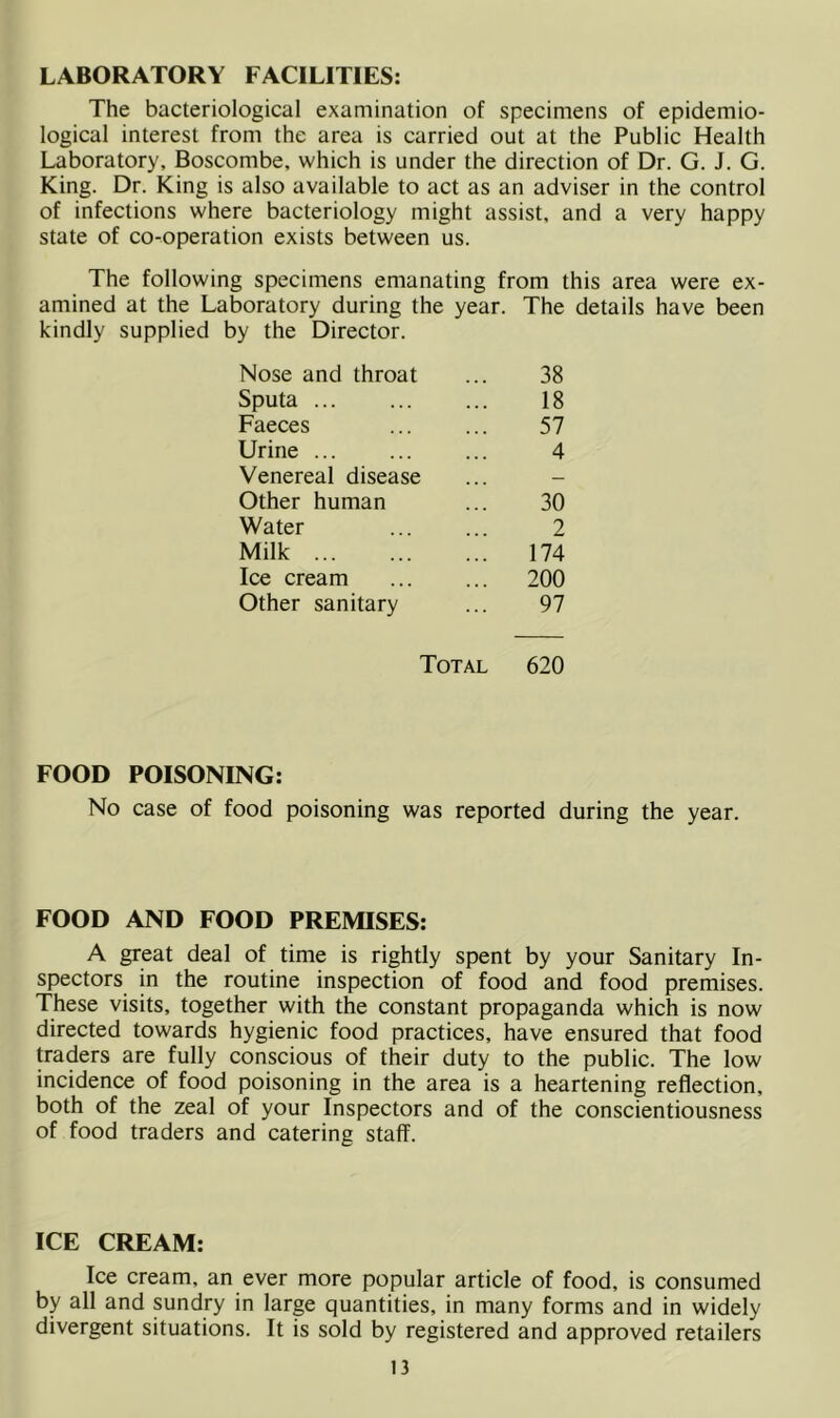 LABORATORY FACILITIES: The bacteriological examination of specimens of epidemio- logical interest from the area is carried out at the Public Health Laboratory, Boscombe, which is under the direction of Dr. G. J. G. King. Dr. King is also available to act as an adviser in the control of infections where bacteriology might assist, and a very happy state of co-operation exists between us. The following specimens emanating from this area were ex- amined at the Laboratory during the year. The details have been kindly supplied by the Director. Nose and throat 38 Sputa ... 18 Faeces 57 Urine 4 Venereal disease — Other human 30 Water 2 Milk 174 Ice cream 200 Other sanitary 97 Total 620 FOOD POISONING: No case of food poisoning was reported during the year. FOOD AND FOOD PREMISES: A great deal of time is rightly spent by your Sanitary In- spectors in the routine inspection of food and food premises. These visits, together with the constant propaganda which is now directed towards hygienic food practices, have ensured that food traders are fully conscious of their duty to the public. The low incidence of food poisoning in the area is a heartening reflection, both of the zeal of your Inspectors and of the conscientiousness of food traders and catering staff. ICE CREAM: Ice cream, an ever more popular article of food, is consumed by all and sundry in large quantities, in many forms and in widely divergent situations. It is sold by registered and approved retailers