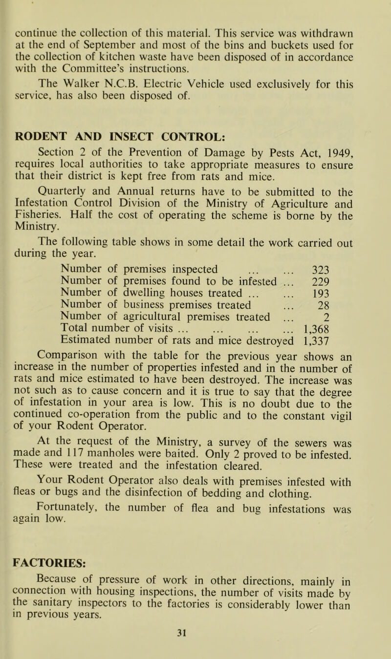 continue the collection of this material. This service was withdrawn at the end of September and most of the bins and buckets used for the collection of kitchen waste have been disposed of in accordance with the Committee’s instructions. The Walker N.C.B. Electric Vehicle used exclusively for this service, has also been disposed of. RODENT AND INSECT CONTROL: Section 2 of the Prevention of Damage by Pests Act, 1949, requires local authorities to take appropriate measures to ensure that their district is kept free from rats and mice. Quarterly and Annual returns have to be submitted to the Infestation Control Division of the Ministry of Agriculture and Fisheries. Half the cost of operating the scheme is borne by the Ministry. The following table shows in some detail the work carried out during the year. Number of premises inspected 323 Number of premises found to be infested ... 229 Number of dwelling houses treated ... ... 193 Number of business premises treated ... 28 Number of agricultural premises treated ... 2 Total number of visits 1,368 Estimated number of rats and mice destroyed 1,337 Comparison with the table for the previous year shows an increase in the number of properties infested and in the number of rats and mice estimated to have been destroyed. The increase was not such as to cause concern and it is true to say that the degree of infestation in your area is low. This is no doubt due to the continued co-operation from the public and to the constant vigil of your Rodent Operator. At the request of the Ministry, a survey of the sewers was made and 117 manholes were baited. Only 2 proved to be infested. These were treated and the infestation cleared. Your Rodent Operator also deals with premises infested with fleas or bugs and the disinfection of bedding and clothing. Fortunately, the number of flea and bug infestations was again low. FACTORIES: Because of pressure of work in other directions, mainly in connection with housing inspections, the number of visits made by the sanitary inspectors to the factories is considerably lower than in previous years.