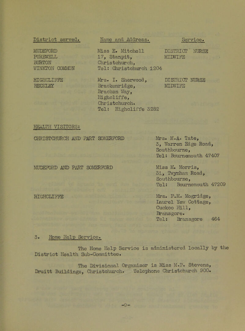 Service District served* MUDEPORD FUREWELL BURTON vm^neroN comoN Name and Address. Miss E. Mitchell 17, Stanpit, Christchurch, Tel: Christchurch DISTRICT' NURSE MIDraPE HIGHCLIPEE HECrioET Mrs. I. Sherv^ood, DISTRICT ITORSE Brackenridge, MIOTIEE Bracken Vfay, Highcliffe, Christchurch. Tel: Highcliffe 3282 HEALTH VISITORS: aiRISTCHURCH MU) PART SOMEREORD Mrs. M.A. Tate, 3, Warren Edge Road, Southbourne, Tel: Bournemouth 47407 MUDEPORD AND Pi\RT SOMERPORD Miss M. Morris, 31, Tvvynham Road, Southbourne, Tel: Bournemouth 47209 HICHCLIPFE Mrs. P.M. Mogridge, Laurel Yew Cottage, Cuckoo Hill, Bransgore. Tel: Bransgore 464 3. Home Help Service. The Home lielp Service is administered locally by the District Health Sub-Committee. The Divisional Organiser is Miss M.P. Stevens, Druitt Buildings, Christchm-’ch. Telephone Christchurch 900. -9-