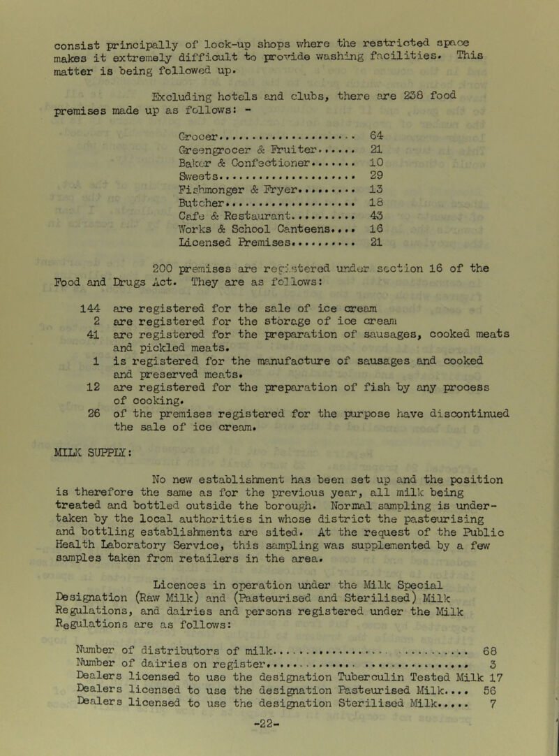 consist principally of lock-up shops where the restricted spac^ makes it extremely difficult to provide washing facilities# This matter is being followed up. Excluding hotels and clubs, there are 238 food premises made up as follows: - Grocer 64 Greengrocer & Eruiter 21 Baker & Confectioner 10 Sv/eets 29 Fishjnonger & Fryer 13 Butcher 18 Cafe & Restaurant. 43 Works & School Canteens.«*• 16 Licensed Premises 21 200 premises are registered under section 16 of the Pood and Drugs Act. They are as follov/s: 144 are registered for the sale of ice cream 2 are registered for the storage of ice cream 41 are registered for the preparation of sausages, cooked meats and pickled meats. 1 is registered for the ma.nufacture of sausages and cooked and preserved meats. 12 are registered for the preparation of fish by any process of cooking. 26 of the premises registered for the purpose have discontinued the sale of ice cream. MILIC SUPPIZ: No nev/ establishment has been set up and the position is therefore the same as for the previous year, all milk being treated and bottled outside the borough. Normal sampling is under- taken by the local authorities in whose district the pasteurising and bottling establishments are sited. At the request of the Public Health Laboratory Service, this sampling was supplemented by a few samples taken from retailers in the area. Licences in operation under the Milk Special Designation (Raw Milk) and (Pasteurised and Sterilised) Milk Regulations, and dairies and persons registered under the Milk Regulations are as follows: Number of distributors of milk - 68 Number of dairies on register.... ....« 3 Dealers licensed to use the designation Tuberculin Tested Milk 17 Dealers licensed to use the designation Pasteurised Milk.... 56 Dealers licensed to use the designation Sterilised Milk..... 7 -22-