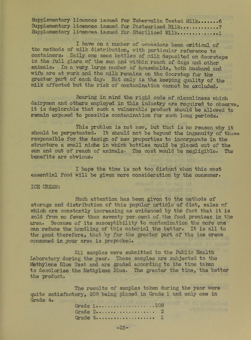 Supplementary licences issued for Tuberculin Tested Milk.......6 Supplementary licences issued for Pasteurised Milk 7 Supplementary licences issued for Sterilised Milk 1 I have on a number of occasions been critical of the methods of milk distribution^ with particular reference to containers. Daily one sees bottles of milk deposited on doorsteps in the full glare of the sun and v/ithin reach of dogs and other animals. In a very large number of households, both husband and wife are at work and the milk remains on the doorstep for the greater part of each day. Not only is the keeping quality of the milk affected but the risk of contamination cannot be excluded. Bearing in mind the rigid code of cleanliness which dairymen and others employed in this industry are required to observe, it is deplorable that such a vulnerable product should be allowed to remain exposed to possible contamination for such long periods. This problem is not new, but that is no reason why it should be perpetuated. It should not be beyond the ingenuity of those responsible for the design of nev/ properties to incorporate in the stmeture a small niche in which bottles could be placed out of the sun and out of reach of animals* The cost would be negligible. The benefits are obvious. I hope the time is not too distant when this most essential food will be given more consideration by the consumer. ICE CREAiM: Much attention has been given to the methods of storage and distribution of this popular article of diet, sales of which are constantly increasing as evidenced by the fact that it is sold from no fewer than seventy per cent of the food premises in the area. Because of its susceptibility to contamination the more one can reduce the handling of this material the better. It is all to the good therefore, that by far the greater part of the ice cream consumed in your area is prepacked. 211 samples v/ere submitted to the Public Health Laboratory during the year. These samples are subjected to the Methylene Blue Test and are graded according to the time taken to decolorise the Methylene Blue. The greater the time, the better the product. The results of samples taken during the year were quite satisfactory, 208 being placed in Grade 1 and only one in Grade 4. Grade 1 Grade 2 Grade 4 -23- 208 2 1