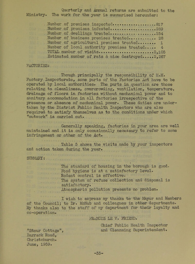 Qurxterly and Annual returns are submitted to the Ministry. The work for the year is summarised hereunder: Number of premises inspected. 817 Number of premises infested 289 Number of dwellings treated ...254 Number of business premises treated 28 Number of agricultural premises treated 1 Number of local authority premises treated 4 TOTAL number of visits .2,105 Estdjnated number of rats & mice destroyed 2,267 FACTORIES: Though principally the responsibility of H.M. Factory Inspectorate, some parts of the Factories Act have to be operated by local authorities. The parts in question are those relating to cleanliness, overcrowding, ventilation, temperature, drainage of floors in factories without mechanical pov/er and to sanitary accommodation in all factories irrespective of the presence or absence of mechanical pov/er. These duties are under- talcen by 'the District Public Health Inspectors who are also required to satisfy themselves as to the conditions under which outwork is carried out. Generally speaking, factories in your area are well maintained and it is only occasionally necessary to refer to some infringement or other of the Act. Table 5 shows the visits made by your inspectors and action taken during the year. Smc/IARY: The standard of housing in the borough is good. Food hygiene is at a satisfactory level. Rodent control is effective. The system of refuse collection and disposal is satisfactory. Atmospheric pollution presents no problem. I wish to express my thanks to the Mayor and Members of the Council; to Dr. McNab and colleagues in other departments. My thanks also to the staff of my department for their loyalty and co-operation. FR^iNCIS LE V. FRIEt'ID. Chief Public Health Inspector Stour Cottage, and Cleansing Superintendent. Barrack Road, Christchurch. June, 1959. -33-