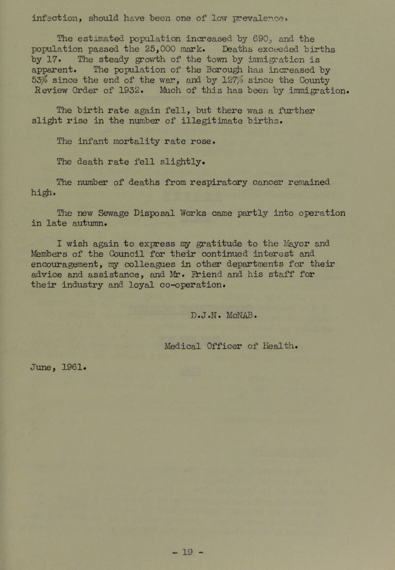 infection, should have been one of lov/ prevalence-. The estimated population increased by 690., and the population passed the 25,000 mark. Deaths exceeded births by 17. The steady grovvth of the town by immigration is apparent. The population of the Borough has increased by 53^ since the end of the war, and by 127>^ since the County Review Order of 1932. Much of this has been by immigration. The birth rate again fell, but there was a further slight rise in the number of illegitimate births. The infant mortality rate rose. The death rate fell slightly. The number of deaths from respiratory cancer remained high. The nev/ Sewage Disposal Works came partly into operation in late autumn. I wish again to express ray gratitude to the Flavor and Members of the Council for their continued interest and encouragement, ny colleagues in other departments for their advice and assistance, and Mr. Eriend and his staff for their industry and loyal co-operation. D.J.N. McNikB. Medical Officer of Health. June, 1961.