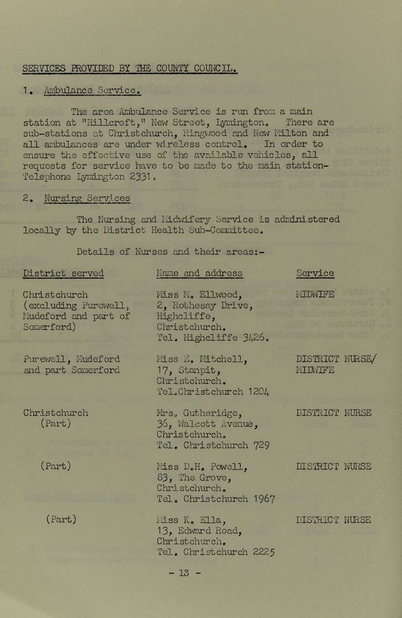 SERVICES PROVIEED BY THE COUNTY COUICIL 1. i\nibulancG Service. The area ilmbiilance Service is run from a main station at Hillcroft,” New Street, Lymingtono There are sub-stations at Christchurch, Hingv/ood end New Tiilton and all ambulances are under vri.reJ.ess control. In order to ensure the effective use of the available vehicles, all requests for service have to be rna,de to the main Station- Telephone lymirgton 2331» 2, Nursing Servi.ces The Nursing and Ilidvvdfery Service is administered locally by the District Health Sub-Gomaittee. Details of Nurses and their areas:- District served Name and address Service Christchurch (excluding Purevjell, Iludeford and part of Somerford) Tiss Mo Ellwood, 2, Rothesay Drive, Highcliffe, Christchurch. Tel. Highcliffe 34^6, iilD'WIFE Purev;ell, I-Iudeford and part Somerford I'iss E, litchell, 17, Stanpit, Cliristchurch, Tele Christ church 1204 DISTRICT NURSE/ MIDl'/IFE Christchurch (Paiii) iVIrSo Gutheridge, 36, Walcott Avenue, Christchurcho Tel. Cliristchurch 729 DISTRICT NURSE (Part) liss DoH. Powell, 83, The Grove, Christchurch, Tel, Christchurch 1967 DISTRICT NUPiSE (Part) I-iss Ko Ella, 13, Edward Road, Christchurch, Tel. Christchurch 2225 DISTRICT msE