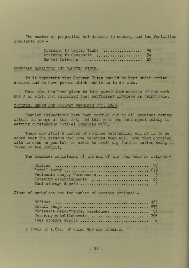 The number of properties not drained to sewers, and the facilities available ares- Drainin£, to Septic Tanks 94 Draining to Cesspools 54 Bucket Latrines ., 25 MOVEilBLE DV/ELLINGS im CAPPING SITFiS. It is important that Caravan Sites should be kept under striet control and we have powers v/liich enable us to do this. More time has been given td this particular section of our work but I am still not satisfied tliat sufficient progress is being made. OFFICES. SHOPS iiin) RiULV/AY PREMISES ACT, 1963, Regular inspections have been carried out on all premises coming within the scope of this Act, and this year has been spent mainly in getting outstanding Notices complied with. There are still a number of Notices outstanding and it is to be hoped that the persons who have received them will have them complied with as soon as possible in order to avoid any further action being taken by the Council. The premises registered at the end of the year were as follov;s;- Offices 97 Retail shops 239 Wholesale shops, Warehouses 5 Catering establishments .... 43 Fuel storage depots 2 Class of workplace and the number of persons employed:- Offices 463 Retail shops 875 V/holesale departments, Warehouses 54 Catering establishments 296 Fuel storage depots .; 6 A total of 1,694» of which 9^9 oxe females.