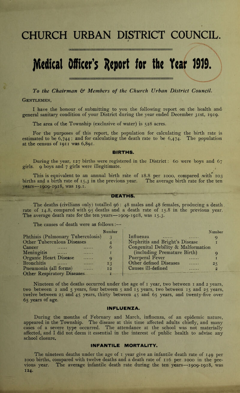 CHURCH URBAN DISTRICT COUNCIL # To the Chairman & Members of the Church Urban District Council. Gentlemen, I have the honour of submitting to you the following report on the health and general sanitary condition of your District during the year ended December 31st, 1919. The area of the Township (exclusive of water) is 528 acres. For the purposes of this report, the population for calculating the birth rate is estimated to be 6,744 ; and for calculating the death rate to be 6,474. The population at the census of 1911 was 6,891. BIRTHS. During the year, 127 births were registered in the District; 60 were boys and 6 7 girls. 9 boys and 7 girls were illegitimate. , This is equivalent to an annual birth rate of 18.8 per 1000, compared .with 103 births and a birth rate of 15.3 in the previous year. The average birth rate for the ten years—1909-1918, was 19. i. DEATHS.^^ ^ ^ ^ The deaths (civilians only) totalled 96: 48 males and 48 females, producing a death. rate of 14.8, compared with 95 deaths and a death rate of 15.8 in the previous year. The average death rate for the ten years—1909-1918, was 15.3. The causes of death were as follows Number Phthisis (Pulmonary Tuberculosis) 3 Other Tuberculous Diseases 4 Cancer 6 Meningitis i Organic Heart Disease 9 Bronchitis 13 Other Respiratory Diseases - i Nineteen of the deaths occurred under the age of i year, two between i and 2 years, two between 2 and 5 years, four between 5 and 15 years, two between 15 and 25 years, twelve between 25 and 45 years, thirty between 45 and 65 years, and twenty-five over 65 years of age. INFLUENZA. During the months of February and March, influenza, of an epidemic nature, appeared in the Township. The disease at this time affected adults chiefly, and many cases of a severe t3rpe occurred. The attendance at the school was not materially affected, and I did not deem it essential in the interest of public health to advise any school closure. INFANTILE MORTALITY. The nineteen deaths under the age of i year give an infantile death rate of 149 per 1000 births, compared with twelve deaths and a death rate of 116 per 1000 in the pre- vious year. The average infantile death rate during the ten years—1909-1918, was 124. Number Influenza 9 Nephritis and Bright’s Disease i Congenital Debility & Malformation (including Premature Birth) 9 Puerperal Fever i Other defined Diseases 25