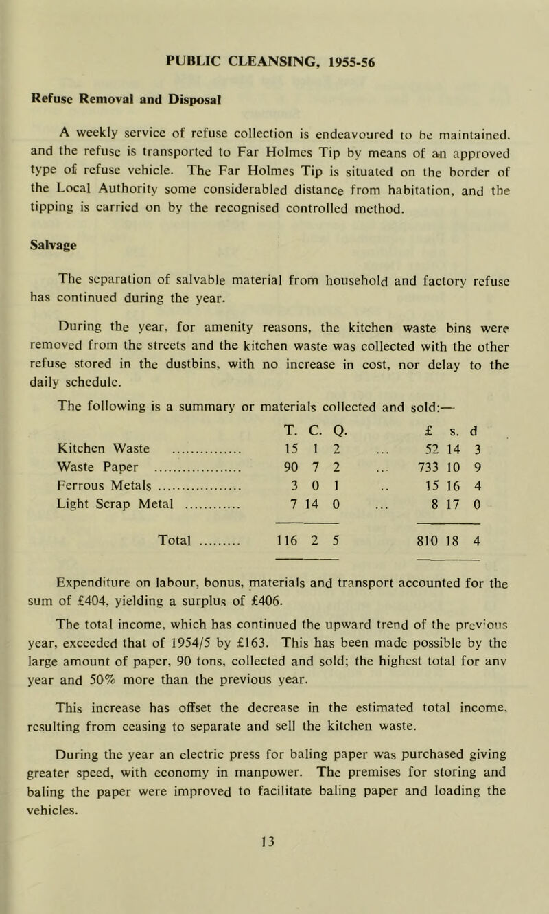 PUBLIC CLEANSING, 1955-56 Refuse Removal and Disposal A weekly service of refuse collection is endeavoured to be maintained, and the refuse is transported to Far Holmes Tip by means of an approved type o£ refuse vehicle. The Far Holmes Tip is situated on the border of the Local Authority some considerabled distance from habitation, and the tipping is carried on by the recognised controlled method. Salvage The separation of salvable material from household and factory refuse has continued during the year. During the year, for amenity reasons, the kitchen waste bins were removed from the streets and the kitchen waste was collected with the other refuse stored in the dustbins, with no increase in cost, nor delay to the daily schedule. The following is a summary or materials collected and sold:— T. C. Q. £ s. d Kitchen Waste 15 1 2 52 14 3 Waste Paner 90 7 2 733 10 9 Ferrous Metals 3 0 I 15 16 4 Light Scrap Metal 7 14 0 8 17 0 Total 116 2 5 810 18 4 Expenditure on labour, bonus, materials and transport accounted for the sum of £404, yielding a surplus of £406. The total income, which has continued the upward trend of the previous year, exceeded that of 1954/5 by £163. This has been made possible by the large amount of paper, 90 tons, collected and sold; the highest total for anv year and 50% more than the previous year. This increase has offset the decrease in the estimated total income, resulting from ceasing to separate and sell the kitchen waste. During the year an electric press for baling paper was purchased giving greater speed, with economy in manpower. The premises for storing and baling the paper were improved to facilitate baling paper and loading the vehicles.