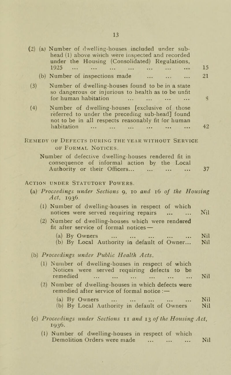 (2) (a) Number of dwellins-bouses included under sub- head (1) above vviiicb were inspected and recorded under the Housing (Consolidated) Regulations, 1925 15 (b) Number of inspections made ... ... ... 21 (3) Number of dwelling-houses found to be in a state so dangerous or injurious to health as to be unfit for human habitation ... ... ... ... S (4) Number of dwelling-houses [exclusive of those referred to under the preceding sub-head] found not to be in all respects reasonably fit for human habitation ... ... ... ... ... ... 42 Remedy of Defects during the ve.ak without Service OF Formal Notices, Number of defective dwelling-houses rendered fit in consequence of informal action by the Local Authority or their Officers... ... ... ... 37 Action under Statutory Powers. (a) Proceedings under Sections g, lo and i6 of the Housing Act, 1936 (1) Number of dwelling-houses in respect of which notices were served requiring repairs ... ... bfil (2) Number of dwelling-houses which were rendered fit after service of formal notices — (a) By Owners ... ... ... ... ... Nil (b) By Local Authority in default of Owner... Nil (b) Proceedings under Public Health Acts. (1) Number of dwelling-houses in respect of which Notices were served requiring defects to be remedied ... ... ... ... ... ... Nil (2) Number of dwelling-houses in which defects were remedied after service of formal notice :— (a) By Owners ... ... ... ... ... Nil (b) By Local Authority in default of Owners Nil (c) Proceedings under Sections ii and 12 of the Housing Act, 1936. (1) Number of dwelling-houses in respect of which Demolition Orders were made ... ... ... Nil