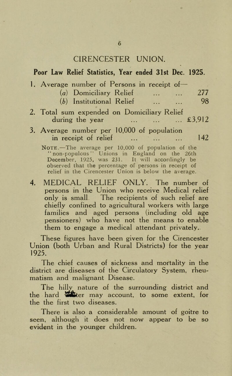 CIRENCESTER UNION. Poor Law Relief Statistics, Year ended 31st Dec. 1925. 1. Average number of Persons in receipt of— (а) Domiciliary Relief ... ... 277 (б) Institutional Relief ... ... 98 2. Total sum expended on Domiciliary Relief during the year ... ... ... £3,912 3. Average number per 10,000 of population in receipt of relief ... ... ... 142 Note.—The average per 10,000 of population of the “ non-populous ” Unions in England on the 26th December, 1925, was 231. It will accordingly be observed that the percentage of persons in receipt of relief in the Cirencester Union is below the average. 4. MEDICAL RELIEF ONLY. The number of persons in the Union who receive Medical relief only is small The recipients of such relief are chiefly confined to agricultural workers with large families and aged persons (including old age pensioners) who have not the means to enable them to engage a medical attendant privately. These figures have been given for the Cirencester Union (both Urban and Rural Districts) for the year 1925. The chief causes of sickness and mortality in the district are diseases of the Circulatory System, rheu- matism and malignant Disease. The nature of the surrounding district and the hard ^ifeter may account, to some extent, for the the first two diseases. There is also a considerable amount of goitre to seen, although it does not now appear to be so evident in the younger children.