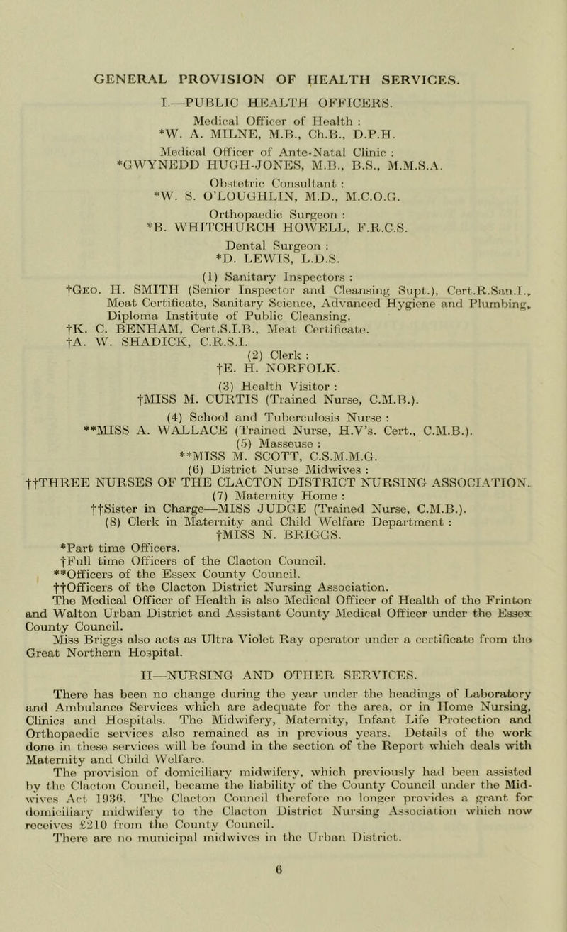 GENERAL PROVISION OF HEALTH SERVICES. I.—PUBLIC HEALTH OFFICERS. Medical Officer of Health : *W. A. MILNE, M.B., Ch.B., D.P.H. Medical Officer of Ante-Natal Clinic : *(nVYNEDD HUGH-JONES, M.B., B.S., M.M.S.A. Obstetric Consultant : *W. S. O’LOUGHLIN, M.D., M.C.O.G. Orthopaedic Surgeon : *B. WHITCHURCH HOWELL, F.R.C.S. Dental Surgeon : *D. LEWIS, L.D.S. (1) Sanitary Inspectors: tGEO. H. SMITH (Senior In.spector and Cleansing Supt.), Cert.R.San.I Moat Certificate, Sanitary Science, Advanced Hygiene and Plumbing, Diploma Institute of Public Cleansing. tK. C. BENHAM, Cert.S.I.B., Meat Certificate. tA. W. SHADICK, C.R.S.I. (2) Clerk : tE. H. NORFOLK. (3) Health Visitor : tMISS M. CURTIS (Trained Nurse, C.M.R.). (4) School and Tuberculosis Nurse : **MISS A. WALLACE (Tiained Nurse, H.V’s. Cert., C.M.B.). (.')) Masseuse : **MISS M. SCOTT, C.S.M.M.G. (6) District Nurse Midwive.s : ttTHREE NURSES OF THE CLACTON DISTRICT NURSING ASSOCIATION. (7) Maternity Home : tfSister in Charge—MISS JUDGE (Trained Nurse, C.M.B.). (S) Clerk in Matei’nity and Child Welfare Department : tMISS N. BRIGGS. *Part time Officers. fFull time Officers of the Clacton Council. ♦♦Officers of the Essex County Council. ttOfficers of the Clacton District Nursing Association. The Medical Officer of Health is also Medical Officer of Health of the Frinton and Walton Urban District and Assistant County Medical Officer imder the Essex County Council. Miss Briggs also acts as Ultra Violet Ray operator under a certificate from the Great Northern Hospital. II—NURSING AND OTHER SERVICES. There has been no change during the year under the headings of Laboratory and Ambulance Services which arc adequate for the area, or iir Homo Nursmg, Clinics and Ho.spital.s. The Midwifery, Maternity, Infant Life Protection and Orthopninlic services also remained as in previous years. Details of the work done in these services will be found in the section of the Report which deals with Maternity and Child Welfare. The provision of domiciliai'y midwifery, which previously had been assisted by the Clacton Council, became the liability of the County Council innler the Mid- wives .Act 193(). The Clacton Council therefore no longer provides a grant for domiciliary midwifery to the Clacton District Nursing .Association which now receives £210 from the County Council. There arc no municipal midwives in the Ui'ban District. (i