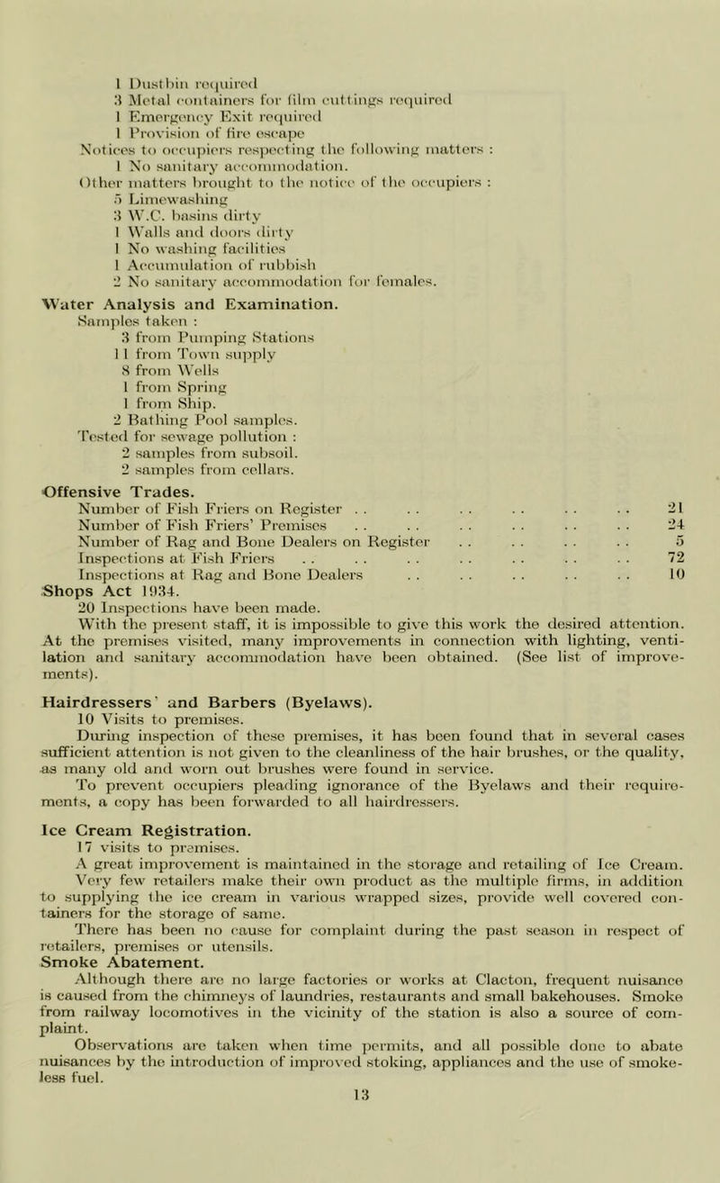 1 l)iistl)iii r(Hiiiiro(l l{ Metal containers for film cuttings rc(]niro(l I Emergc'iicy Exit ro({nire(l 1 Provision of Hre escape Notices to occni)iei’s resj)ecting tlie following matters : I No sanitary accoininoilation. Other matters hrought to tlu' notict- of the occupiers ; 5 Liinewashing ‘.i W.C. basins dirty 1 Walls and doors dirty I No washing facilities 1 Accumulation of rnbbish 2 No sanitary accommotlation f\)r females. Water Analysis and Examination. Samples taken : 3 from Pumping Stations 1 1 from Town supply 8 from Wells 1 from Spring 1 from Ship. 2 Bathing Pool samples. Tested for sewage pollution : 2 samples from subsoil. 2 samples from cellars. Offensive Trades. Number of Fish Fi'iers on Register . . . . . . . . . . . . 21 Number of Fish Friers’ Premises . . . . . . . . . . . . 24 Number of Rag and Bone Dealers on Register . . . . . . . . 5 Inspections at Fish F'riers . . . . . . . . . . . . . . 72 Inspections at Rag and Bone Dealers . . . . . . . . . . 10 Shops Act 1!)34. 20 Inspections have been made. With the present staff, it is impo.ssible to give this work the desired attention. At the premises visited, many improvements in connection with lighting, venti- lation and sanitary accommodation have been obtained. (See list of improve- ments). Hairdressers’ and Barbers (Byelaws). 10 Visits to premises. Diu'ing inspection of these pi’emises, it has been found that in sevei'al cases sufficient attention is not given to the cleanliness of the hair brushes, or the quality, as many old and worn out brushes were found in service. To prevent occupiers pleading ignorance of the Byelaws and their require- ments, a copy has been forwarded to all hairdre.ssers. Ice Cream Registration. 17 visits to premises. A great improvement is maintained in the storage and retailing of Ice Cream. Very few retailei's make their own pioduct as the multiple firms, in addition to supplying the ice cream in various wrapped sizes, provide well covered con- tainei’s for the storage of same. There has been no cause for complaint during the past season in respect of T’c.tailers, premises or utensils. Smoke Abatement. .•Vlthough there are no large factories or works at Clacton, frequent nuisance is caused from the chimneys of laundries, restaurants and small bakehouses. Smoke from railway locomotives in the vicinity of the station is also a source of com- plaint. Observations arc taken when time permits, and all possible done to abate nuisances by the introiluction of improvctl stoking, appliances and the use of smoke- less fuel.