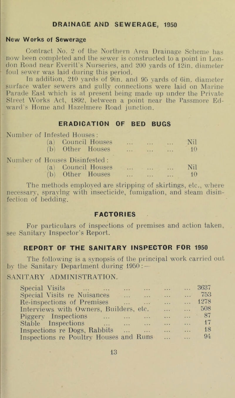 DRAINAGE AND SEWERAGE, 1950 New Works of Sewerage Contract No. 2 of the Norttiern .Area Drainage Scheme has now been completed and the sewer is constructed to a point in Lon- don Road near Rveritt’s Nurseries, and 200 yards of 12in. diameter foul sewer was laid during this period. In addition, 210 yards of 9in. and 95 yards of Gin. diameter surface water sewers and gnlly connections were laid on Marine Parade Last which is at present being made np under the Private Street Works .Act, 1892, between a point near the I’assmore Ed- ward’s Home anti llazelmere Road junction. ERADICATION OF BED BUGS [ Number of Infested Houses: (a) Council Houses ! (h) Other Houses Number of Houses Disinfested : I (a) Council Houses j (h) Other Houses Nil 10 Nil 10 The methods employed are stripping of skirtings, etc., where necessary, spraying with insecticide, fumigation, and steam disin- fection of bedding. FACTORIES For particidars of inspections of premises and action taken, see Sanitary Inspector’s Report. REPORT OF THE SANITARY INSPECTOR FOR 1950 'Pile following is a synopsis of the principal work carried out by the Sanitary Department during 1950: — S.ANrr.ARA' .ADMINISTRATION. Special ATsits 3637 Special ATsits re Nuisances T53 Re-inspections of Premises 1278 Interviews with Owners, Riulders, etc. 508 Piggery Inspections 37 Stable Inspections 17 Inspections re Dogs, Rabbits 18 Inspections re Poultry Houses and Runs 94