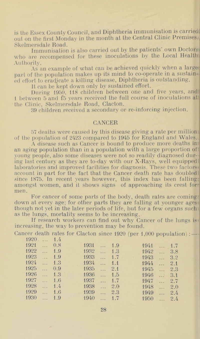 is the l^issex Coiintv CoiiiiciJ, and Diphtheria iniinunisation is carried out on die first iMiinday in tlie month at the Central Clinic Premises.- Skelmersdale Road. Immunisation is also carried out by the patients own Doctors- who are recompensed foi‘ tliese inoculations hy the Local Health Autliority. As an exami^le of what can he achieved (pdckly when a large- part of the population makes up its mind to co-operate in a sustain-- ed effort to erad.icate a killing disease, Diphtheria is outstanding. It can lie kept down only hy sustained effort. During 1950, tl8 children between one and five years, and 1 lietween 5 and f5 years received the fidl course of inoculations at: the Clinic, Skehnersdale Road, Clacton. 59 children received a secondary or re-inforcing injection. CANCER 57 deaths were caused hy this disease giving a rate per million, of the pojiulation of 2423 compared to 1945 for England and Wales.. A disease sucli as Cancer is hound to produce more deaths in. an aging population than in a population with a large proportion of' young people, also some diseases were not so readily diagnosed dur- ing last century as they are to-day with our X-Rays, well ecjuipped lal)oratories and improved facilities for diagnosis. These two factors- account in part for the fact that the Cancer death i-ate has doubled i since 1875. In recent years however, this index has been falling.i amongst women, and it shows signs of approaching its crest for -, men. For cancer of some parts of the body, death rates are coming: down at every age; for other parts they are falling at younger ages- though not yet in the later periods of life, Init for a few organs such as the lungs, mortality seems to l)e increasing. If research workers can find out why Cancer of the lungs is- increasing, the way to prevention may be found. Cancer death rates for Clacton since 1920 (per 1,000 population) : — 1920. ... 1.4 1921 ... 0.8 1931 ... 1.9 1941 ... 1.7 1922 ... 1.9 1932 ... 1.3 1942 ... 3.8 1923 .. 1.9 1933 ... 1.7 1943 ... 3.2 1924 ... 1.3 1934 ... 1.1 1944 ... 2.1 1925 ... 0.9 1935 ... 2.1 1945 ... 2.3 1926 ... 1.3 1936 ... 1.5 1946 ... 3.1 1927 ... 1.6 1937 ... 1.7 1947 ... 2.7 1928 ... 1.4 1938 ... 2.0 1948 ... 2.0 1929 ... 1.6 1939 ... 2.3 1949 ... 2.4 1930 ... 1.9 1940 ... 1.7 1950 ... 2.4