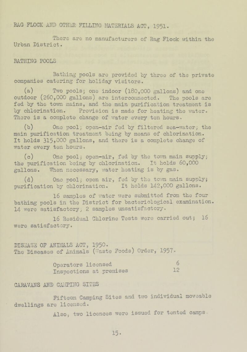 BAG FLOCK AND OTHER FILLING MATERIALS ACT, 1951. There are no manufacturers of Rag Flock within the Urban District. BATHING POOLS Bathing pools are provided by throe of the private companies catering for holiday visitors. (a) Two pools5 one indoor (180,000 gallons) and one outdoor (260,000 gallons) are interconnected. The pools are fed by the town mains, and the main purification treatment is by chlorination. Provision is made for heating the water. There is a complete change of water every ten hours, (b) One pool; open-air fed by filtered sea-water; the main purification treatment being by means of chlorination. It holds 315j000 gallons, and there is a complete change of water every ten hours. (c) One pool; open-air, fed by the town main supply; the purification being by chlorination. It holds 60,000 gallons. When necessary, water heating is by gas. (d) One pool; open air, fed by the town main supply; purification by chlorination. It holds 142,000 gallons. 16 samples of water were submitted from the four bathing pools in the District for bacteriological examination. 14 were satisfactory, 2 samples unsatisfactory. 16 Residual Chlorine Tests were carried cut; 16 were satisfactory. DISEASE OF ANIMALS ACT, 1950- The Diseases of Animals (‘aste Foods) Order, 1957° Operators licensed 6 Inspections at premises 12 CARAVANS AND CARPING SITES Fifteen Camping Sites and two individual moveable dwellings are licensed. Also, two licences were issued for tented camps 15»