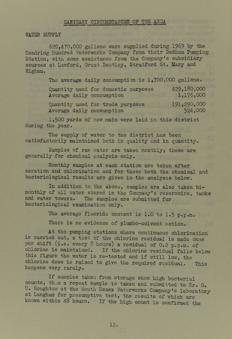 SANITARY CIRGIMSTAHCBS OF THE AR2A WATER SUPPLY 620,470,000 gallons were supplied dioring 1969 Ly the Tendring Hundred Waterv/orlcs Company from their Dedham Pumping Station, with some assistance from the Company’s subsidiary sources at Lawford, Great Bentley, Stratford St. Mary and Higham. The average daily consumption is 1,700,000 gallons Quantity used for domestic purposes Average daily consumption Quantity used for trade purposes Average daily consumption 429.180.000 1,176,000 191.290.000 524,000 i,500 yards of nev/ main were laid in this district during the year. The supply of water to the district has been satisfactorily maintained both in quality and in quantity. Samples of raw v/ater are taken monthlyj these are generally for chemical analysis only. Monthly samples at each station are taken after aeration and chlorination and for these both the chemical and bacteriological results are given in the suialyses belov;. In addition to the above, samples are also taken bi- monthly of all water stored in the Company’s reservoirs, tanks and water towers. The samples are submitted for bacteriological examination only. The average fluoride content is 1.0 to I.5 p.p.m. There is no evidence of plumbo-solvent action. At the pumping stations v/here continuous chlorination is carried out, a tost of the chlorine residual is made once per shift (i.e. every 8 hours) a residual of 0.2 p.p.m. of chlorine is maintained. If the chlorine residual falls below this figure the v/ater is re-tested and if still low, the chlorine dose is raised to give the required residual. This happens very rarely. If samples talcen from storage show high bacterial counts, th.m a repeat sample is taken and submitted to Dr. G. U. Houghton at the South Essex T/aterworks Company’s laboratory at Langham for presumptive test, the results of which are known within 48 hours. If the high count is confirmed the