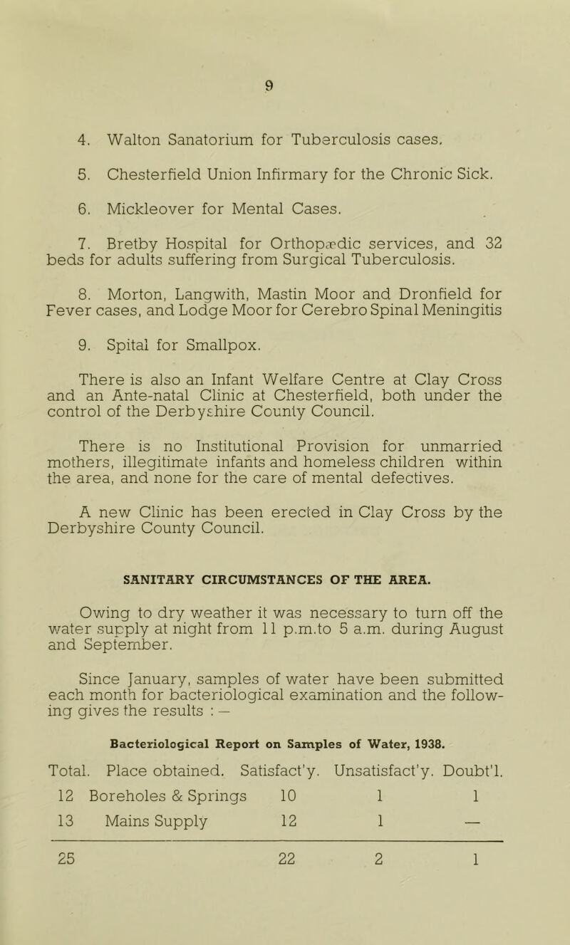 4. Walton Sanatorium for Tuberculosis cases, 5. Chesterfield Union Infirmary for the Chronic Sick. 6. Mickleover for Mental Cases. 7. Bretby Hospital for OrthopcTdic services, and 32 beds for adults suffering from Surgical Tuberculosis. 8. Morton, Langwith, Mastin Moor and Dronfield for Fever cases, and Lodge Moor for Cerebro Spinal Meningitis 9. Spital for Smallpox. There is also an Infant Welfare Centre at Clay Cross and an Ante-natal Clinic at Chesterfield, both under the control of the Derbyshire County Council. There is no Institutional Provision for unmarried mothers, illegitimate infants and homeless children within the area, and none for the care of mental defectives. A new Clinic has been erected in Clay Cross by the Derbyshire County Council. SANITARY CIRCUMSTANCES OF THE AREA. Owing to dry weather it was necessary to turn off the water supply at night from 11 p.m.to 5 a.m. during August and September. Since January, samples of water have been submitted each month for bacteriological examination and the follow- ing gives the results ; — Bacteriological Report on Samples of Water, 1938. Total. Place obtained. Satisfact’y. Unsatisfact'y. DoubtT. 12 Boreholes & Springs 10 1 1 13 Mains Supply 12 1 — 25 22 2 1