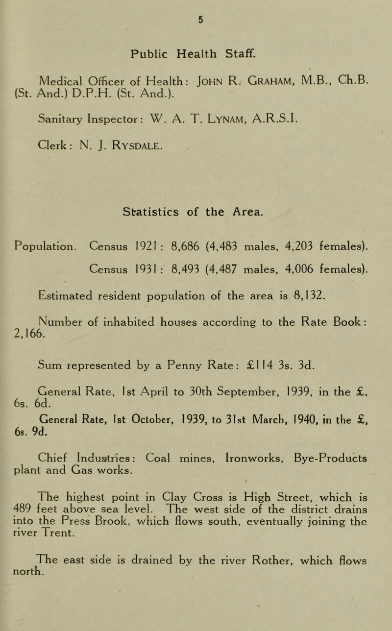 Public Health Staff. Medical Officer of Health: JOHN R. GRAHAM, M.B., Ch.B. (St. And.) D.P.H. (St. And.). Sanitary Inspector: W. A. T. LyNAM, A.R.S.l. Clerk: N. J. RysdaLE. Statistics of the Area. Population. Census 1921 : 8,686 (4,483 males, 4,203 females). Census 1931 : 8,493 (4,487 males, 4,006 females). Estimated resident population of the area is 8,132. Number of inhabited houses according to the Rate Book : 2,166. Sum represented by a Penny Rate: £114 3s. 3d. General Rate, 1st April to 30th September, 1939, in the £, 6s. 6d. General Rate, 1st October, 1939, to 31st March, 1940, in the £, 6s. 9d. Chief Industries: Coal mines, Ironworks, Bye-Products plant and Gas works. The highest point in Clay Cross is High Street, which is 489 feet above sea level. The west side of the district drains into the Press Brook, which flows south, eventually joining the river Trent. The east side is drained by the river Rother, which flows north.