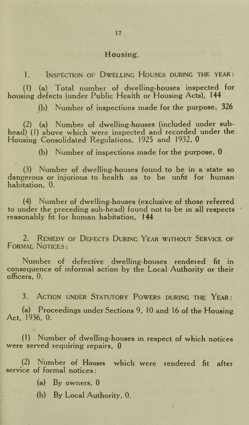 Housing. 1. Inspection of Dwelling Houses during the year: (1) (a) Total number of dwelling-houses inspected for housing defects (under Public Health or Housing Acts), 144 (b) Number of inspections made for the purpose, 326 (2) (a) Number of dwelling-houses (included under sub- head) (I) above which were inspected and recorded under the Housing Consolidated Regulations, 1925 and 1932, 0 (b) Number of inspections made for the purpose, 0 (3) Number of dwelling-houses found to be in a state so dangerous or injurious to health as to be unfit for human habitation, 0. (4) Number of dwelling-houses (exclusive of those referred to under the preceding sub-head) found not to be in all respects reasonably fit for human habitation, 144 2. Remedy of Defects Durinc Year without Service of Formal Notices: Number of defective dwelling-houses rendered fit in consequence of informal action by the Local Authority or their officers, 0. 3. Action under Statutory Powers during the Year: (a) Proceedings under Sections 9, 10 and 16 of the Housing Act, 1936, 0. (1) Number of dwelling-houses in respect of which notices were served requiring repairs, 0 (2) Number of Houses which were rendered fit after service of formal notices: (a) By owners, 0 (b) By Local Authority, 0.