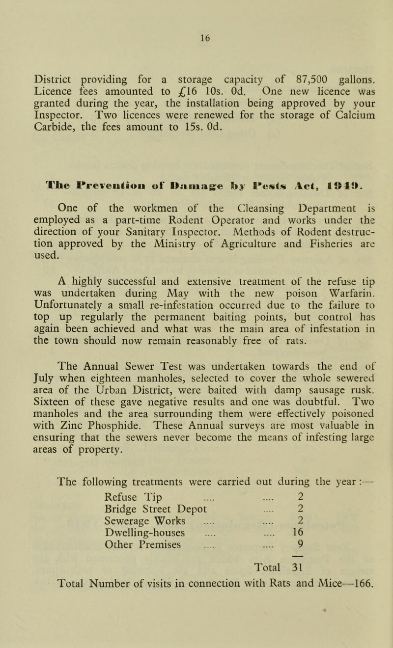 District providing for a storage capacity of 87,500 gallons. Licence fees amounted to £16 10s. Od. One new licence was granted during the year, the installation being approved by your Inspector. Two licences were renewed for the storage of Calcium Carbide, the fees amount to 15s. Od. The l*i'eveuiioii of l>;iiiiag:e by Act, lOliL One of the workmen of the Cleansing Department is employed as a part-time Rodent Operator and works under the direction of your Sanitary Inspector. Methods of Rodent destruc- tion approved by the Ministry of Agriculture and Fisheries are used. A highly successful and extensive treatment of the refuse tip was undertaken during May with the new poison Warfarin. Unfortunately a small re-infestation occurred due to the failure to top up regularly the permanent baiting points, but control has again been achieved and what was the main area of infestation in the town should now remain reasonably free of rats. The Annual Sewer Test was undertaken towards the end of July when eighteen manholes, selected to cover the whole sewered area of the Urban District, were baited with damp sausage rusk. Sixteen of these gave negative results and one was doubtful. Two manholes and the area surrounding them were effectively poisoned with Zinc Phosphide. These Annual surveys are most valuable in ensuring that the sewers never become the means of infesting large areas of property. The following treatments were carried out during the year :— Refuse Tip 2 Bridge Street Depot 2 Sewerage Works 2 Dwelling-houses .... 16 Other Premises 9 Total 31 Total Number of visits in connection with Rats and Mice—166.