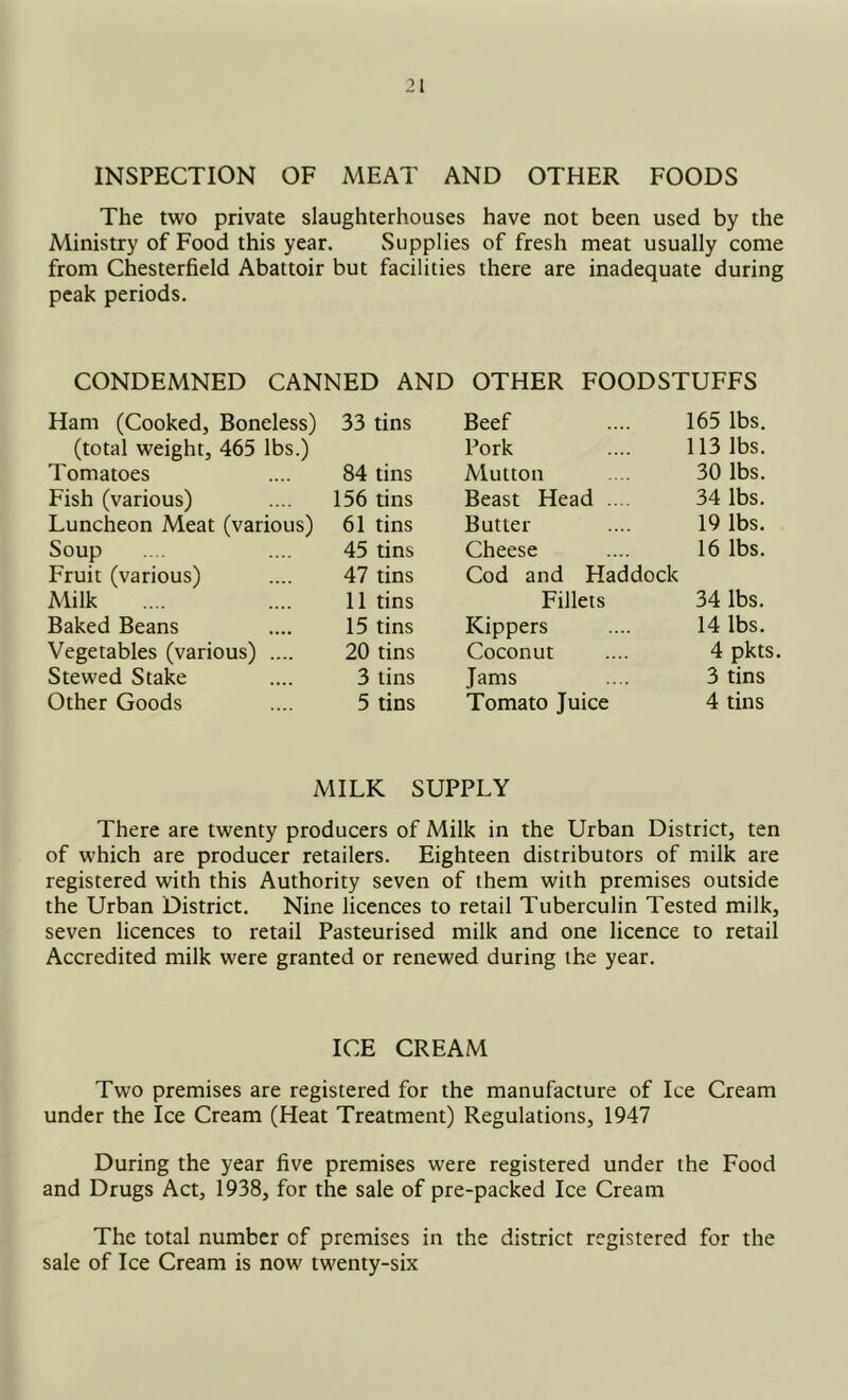 INSPECTION OF MEAT AND OTHER FOODS The two private slaughterhouses have not been used by the Ministry of Food this year. Supplies of fresh meat usually come from Chesterfield Abattoir but facilities there are inadequate during peak periods. CONDEMNED CANNED AND OTHER FOODSTUFFS Ham (Cooked, Boneless) 33 tins Beef 165 lbs. (total weight, 465 lbs.) Pork 113 lbs. Tomatoes 84 tins Mutton 30 lbs. Fish (various) 156 tins Beast Head .. 34 lbs. Luncheon Meat (various) 61 tins Butter 19 lbs. Soup 45 tins Cheese 16 lbs. Fruit (various) 47 tins Cod and Haddock Milk 11 tins Fillets 34 lbs. Baked Beans 15 tins Kippers 14 lbs. Vegetables (various) .... 20 tins Coconut 4 pkts. Stewed Stake 3 tins Jams 3 tins Other Goods 5 tins Tomato Juice 4 tins MILK SUPPLY There are twenty producers of Milk in the Urban District, ten of which are producer retailers. Eighteen distributors of milk are registered with this Authority seven of them with premises outside the Urban District. Nine licences to retail Tuberculin Tested milk, seven licences to retail Pasteurised milk and one licence to retail Accredited milk were granted or renewed during the year. ICE CREAM Two premises are registered for the manufacture of Ice Cream under the Ice Cream (Heat Treatment) Regulations, 1947 During the year five premises were registered under the Food and Drugs Act, 1938, for the sale of pre-packed Ice Cream The total number of premises in the district registered for the sale of Ice Cream is now twenty-six