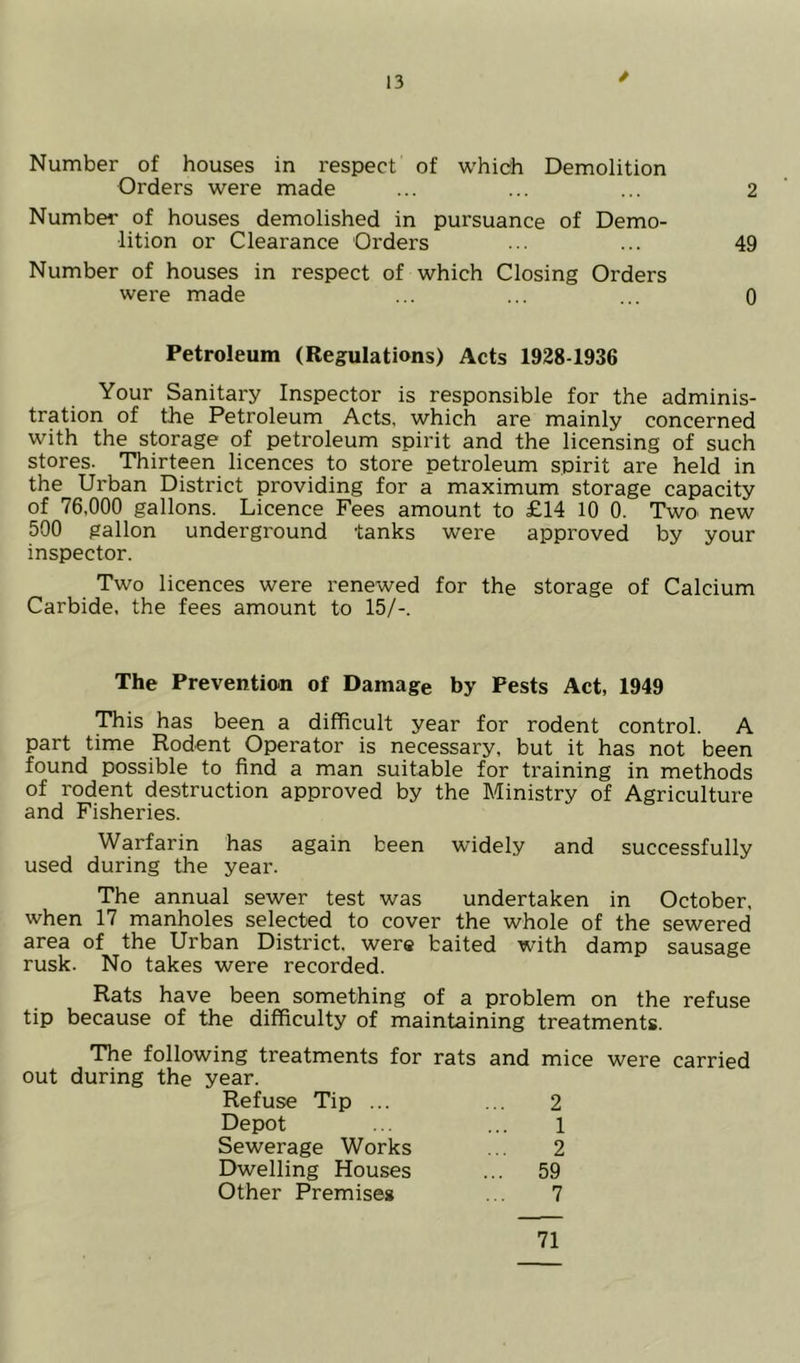 / Number of houses in respect of which Demolition Orders were made ... ... ... 2 Number of houses demolished in pursuance of Demo- lition or Clearance Orders ... ... 49 Number of houses in respect of which Closing Orders were made ... ... ... 0 Petroleum (Regulations) Acts 1928-1936 Your Sanitary Inspector is responsible for the adminis- tration of the Petroleum Acts, which are mainly concerned with the storage of petroleum spirit and the licensing of such stores. Thirteen licences to store petroleum spirit are held in the Urban District providing for a maximum storage capacity of 76,000 gallons. Licence Fees amount to £14 10 0. Two^ new 500 gallon underground tanks were approved by your inspector. Two licences were renewed for the storage of Calcium Carbide, the fees amount to 15/-. The Preventian of Damage by Pests Act, 1949 This has been a difficult year for rodent control. A part time Rodent Operator is necessary, but it has not been found possible to find a man suitable for training in methods of rodent destruction approved by the Ministry of Agriculture and Fisheries. Warfarin has again been widely and successfully used during the year. The annual sewer test was undertaken in October, when 17 manholes selected to cover the whole of the sewered area of the Urban District, were baited with damp sausage rusk. No takes were recorded. Rats have been something of a problem on the refuse tip because of the difficulty of maintaining treatments. The following treatments for rats and mice were carried out during the year. Refuse Tip ... ... 2 Depot ... ... 1 Sewerage Works ... 2 Dwelling Houses ... 59 Other Premises ... 7 71