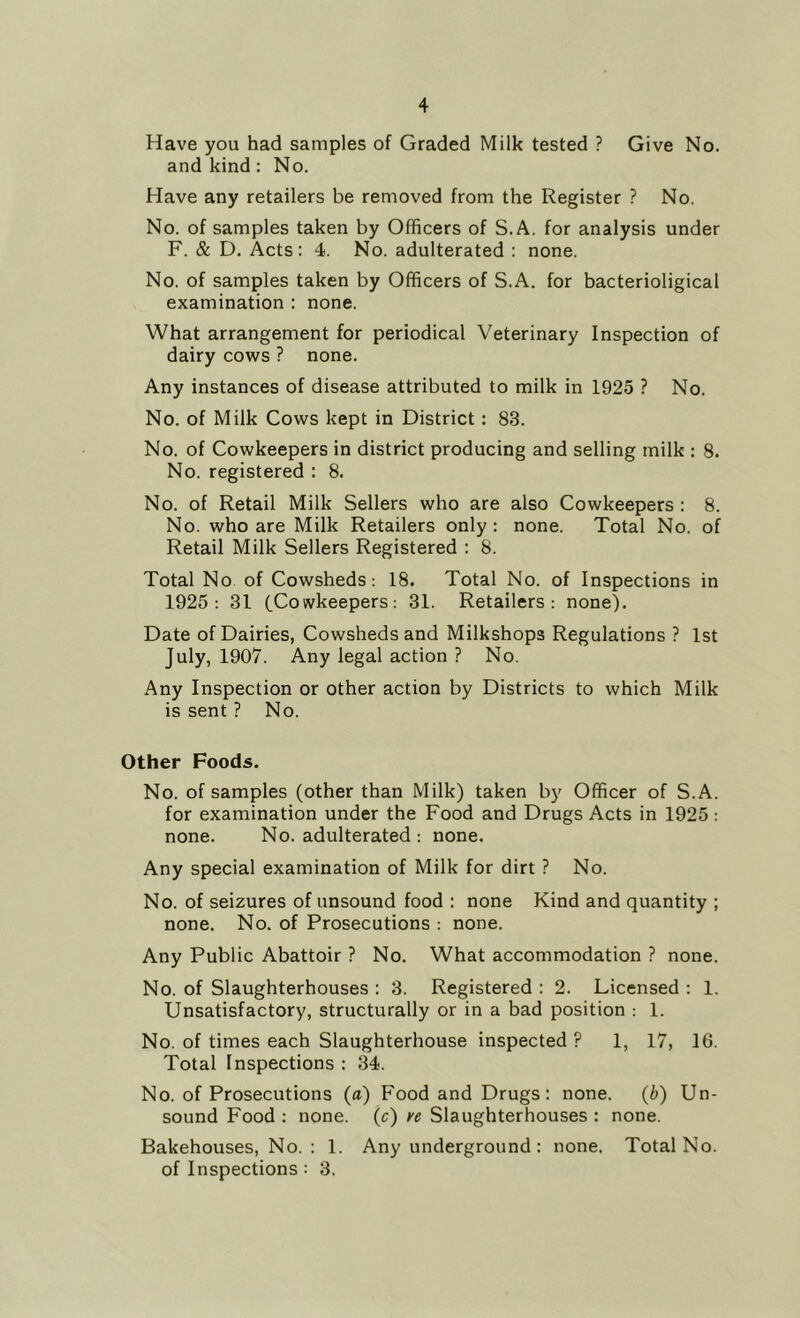 Have you had samples of Graded Milk tested ? Give No. and kind: No. Have any retailers be removed from the Register ? No. No. of samples taken by Officers of S.A. for analysis under F. & D. Acts: 4. No. adulterated : none. No. of samples taken by Officers of S.A. for bacterioligical examination : none. What arrangement for periodical Veterinary Inspection of dairy cows ? none. Any instances of disease attributed to milk in 1925 ? No. No. of Milk Cows kept in District : 83. No. of Cowkeepers in district producing and selling milk : 8. No. registered : 8. No. of Retail Milk Sellers who are also Cowkeepers : 8. No. who are Milk Retailers only: none. Total No. of Retail Milk Sellers Registered : 8. Total No of Cowsheds: 18. Total No. of Inspections in 1925: 31 (Cowkeepers: 31. Retailers: none). Date of Dairies, Cowsheds and Milkshops Regulations ? 1st July, 1907. Any legal action ? No. Any Inspection or other action by Districts to which Milk is sent ? No. Other Foods. No. of samples (other than Milk) taken by Officer of S.A. for examination under the Food and Drugs Acts in 1925 : none. No. adulterated : none. Any special examination of Milk for dirt ? No. No. of seizures of unsound food ; none Kind and quantity ; none. No. of Prosecutions : none. Any Public Abattoir ? No. What accommodation ? none. No. of Slaughterhouses : 3. Registered : 2. Licensed : 1. Unsatisfactory, structurally or in a bad position : 1. No. of times each Slaughterhouse inspected ? 1, 17, 16. Total Inspections : 34. No. of Prosecutions (a) Food and Drugs: none. (b) Un- sound Food : none, (c) n Slaughterhouses : none. Bakehouses, No. : 1. Any underground : none. Total No. of Inspections : 3.