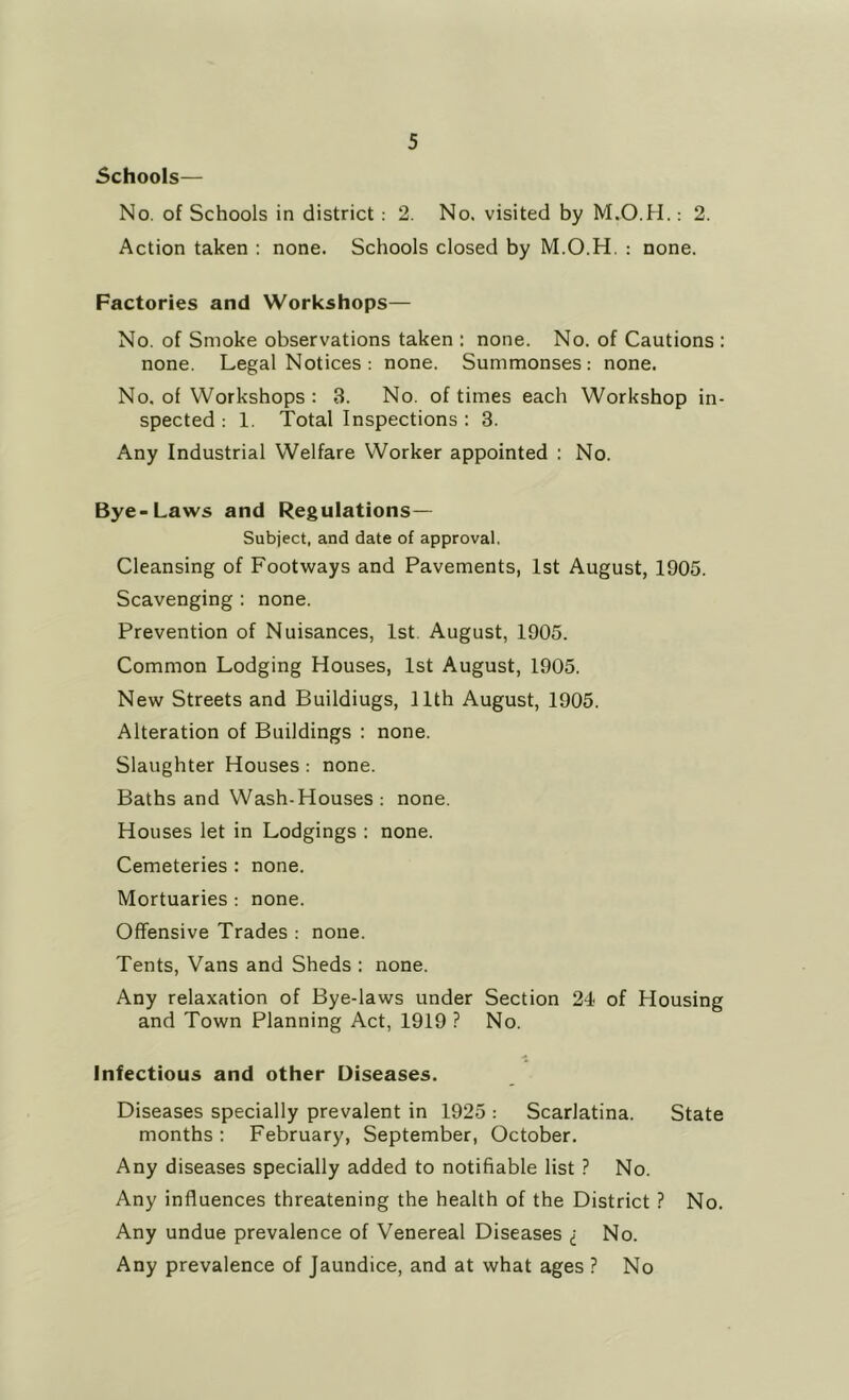 Schools— No. of Schools in district : 2. No. visited by M.O.H.: 2. Action taken : none. Schools closed by M.O.H. : none. Factories and Workshops— No. of Smoke observations taken : none. No. of Cautions : none. Legal Notices : none. Summonses; none. No. of Workshops : 3. No. of times each Workshop in- spected : 1. Total Inspections : 3. Any Industrial Welfare Worker appointed : No. Bye-Laws and Regulations— Subject, and date of approval. Cleansing of Footways and Pavements, 1st August, 1905. Scavenging : none. Prevention of Nuisances, 1st. August, 1905. Common Lodging Houses, 1st August, 1905. New Streets and Buildings, 11th August, 1905. Alteration of Buildings : none. Slaughter Houses: none. Baths and Wash-Houses : none. Houses let in Lodgings : none. Cemeteries : none. Mortuaries : none. Offensive Trades : none. Tents, Vans and Sheds : none. Any relaxation of Bye-laws under Section 21< of Housing and Town Planning Act, 1919 ? No. Infectious and other Diseases. Diseases specially prevalent in 1925 : Scarlatina. State months : February, September, October. Any diseases specially added to notifiable list ? No. Any influences threatening the health of the District ? No. Any undue prevalence of Venereal Diseases i No. Any prevalence of Jaundice, and at what ages ? No