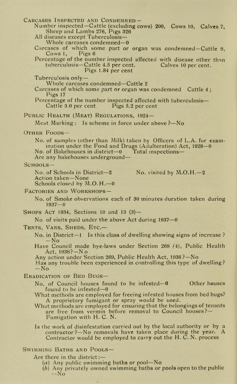 Carcases Inspected and Condemned — Number inspected—Cattle (excluding cows) 200, Cows 10, Calves 7, Sheep and Lambs 276, Pigs 326 All diseases except Tuberculosis— Whole carcases condemned—0 Carcases of which some part or organ was condemned—Cattle 9, Cows I, Pigs 6 Percentage of the number inspected affected with disease other than tuberculosis—Cattle 4.5 per cent. Calves 10 per cent. Pigs 1.84 per cent Tuberculosis only— Whole carcases condemned—Cattle 2 Carcases of which some part or organ was condemned Cattle 4 ; Pigs 17 Percentage of the number inspected affected with tuberculosis— Cattle 3.0 per cent Pigs 5.2 per cent Public Health (Meat) Regulations, 1924— Meat Marking ; Is scheme in force under above?—No Other Foods— No. of samples (other than Milk) taken by Officers of L.A. for exam- ination under the Food and Drugs (Adulteration) Act, 1928—0 No. of Bakehouses in district—0 Total inspections— Are any bakehouses underground— Schools— No. of Schools in District—2 No. visited by M.O.H.—2 Action taken—None Schools closed by M.O.H.—0 Factories and Workshops — No. of Smoke ob.servations each of 30 minutes duration taken during 1937-0 Shops Act 1934, Sections 10 and 13 (3)— No of visits paid under the above Act during 1937—0 Tents, Vans, Sheds, Etc.— No. in District—1 Is this class of dwelling showing signs of increase ? -No Have Council made bye-laws under Section 268 (A), Public Health Act, 1936?—No Any action under Section 269, Public Health Act, 1936?—No Has any trouble been experienced in controlling this type of dwelling? -No Eradication of Bed Bugs— No, of Council houses found to be infested—0 Other houses found to be infested—0 What methods are employed for freeing infested houses from bed bugs? A proprietory fumigant or spray would be used. What methods are employed for ensuring that the belongings of tenants are free from vermin before removal to Council houses?— Fumigation with H. C. N. Is the work of disinfestation carried out by the local authority or by a contractor?—No removals have taken place during the year. A Contractor would be employed to carry out the H. C. N. process Swimming Baths and Pools— Are there in the district:— (a) Any public swimming baths or pool—No \h) Any privately owned swimming baths or pools open to the public — No
