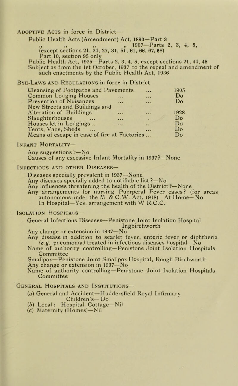 Public Health Acts (Amendment) Act, 1890—Part 3 „ „ „ „ 1907—Parts 2, 3, 4, 5, (except sections 21, 24, 27, 31,51,61, 66, 67, 68) Part 10, section 95 only Public Health Act, 1925—Parts 2, 3, 4, 5, except sections 21, 44, 45 Subject as from the 1st October, 1937 to the repeal and amendment of such enactments by the Public Health Act, 1936 Bye-Laws and Regulations in force in District Cleansing of Footpaths and Pavements ... 1905 Common Lodging Houses ... ... Do Prevention of Nuisances ... ... Do New Streets and Buildings and Alteration of Buildings ... ... 1928 Slaughterhouses ... ... Do Houses let in Lodgings .. ... .. Do Tents, Vans, Sheds ... ... Do Means of escape in case of fire at Factories ... Do Infant Mortality— Any suggestions ?—No Causes of any excessive Infant Mortality in 1937?—None Infectious and other Diseases— Diseases specially prevalent in 1937—None Any diseases specially added to notifiable list?—No Any influences threatening the health of the District?—None Any arrangements for nursing Puerperal Fever cases? (for areas autonomous under the M & C.W. Act, 1918) At Home—No In Hospital—Yes, arrangement with W R.C.C. Isolation Hospitals— General Infectious Diseases—Penistone Joint Isolation Hospital Ingbirchworth Any change or extension in 1937—No Any disease in addition to scarlet fever, enteric fever or diphtheria (e g. pneumonia^ treated in infectious diseases hospital—No Name of authority controlling—Penistone Joint Isolation Hospitals Committee Smallpox—Penistone Joint Smallpox Hospital, Rough Birchworth Any change or extension in 1937—No Name of authority controlling—Penistone Joint Isolation Hospitals Committee General Hospitals and Institutions— (a) General and Accident—Huddersfield Royal Infirmary Children’s— Do {b) Local : Hospital. Cottage—Nil (c) Maternity (Homes)—Nil