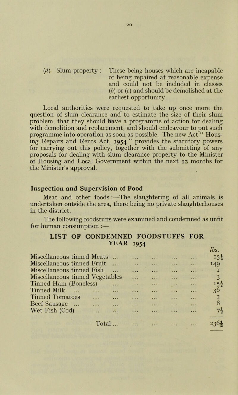 (d) Slum property : These being houses which are incapable of being repaired at reasonable expense and could not be included in classes (b) or (c) and should be demolished at the earliest opportunity. Local authorities were requested to take up once more the question of slum clearance and to estimate the size of their slum problem, that they should have a programme of action for dealing with demolition and replacement, and should endeavour to put such programme into operation as soon as possible. The new Act “ Hous- ing Repairs and Rents Act, 1954 ” provides the statutory powers for carrying out this policy, together with the submitting of any proposals for dealing with slum clearance property to the Minister of Housing and Local Government within the next 12 months for the Minister’s approval. Inspection and Supervision of Food Meat and other foods :—The slaughtering of all animals is undertaken outside the area, there being no private slaughterhouses in the district. The following foodstuffs were examined and condemned as unfit for human consumption :— LIST OF CONDEMNED FOODSTUFFS FOR YEAR 1954 Miscellaneous tinned Meats ... Miscellaneous tinned Fruit ... Miscellaneous tinned Fish Miscellaneous tinned Vegetables Tinned Ham (Boneless) Tinned Milk Tinned Tomatoes Beef Sausage ... Wet Fish (Cod) 2361 lbs. 149 1 3 36 1 8 Total...