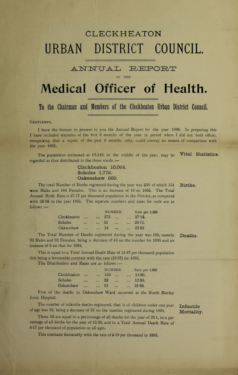 CLECKHEATON URBAN DISTRICT COUNCIL OF THE Medical Officer of Health. To the Chairman and Members of the Cleckheaton Urban District Conncii. Gentlemen, I have the honour to present to you the Annual Report for the year 1896. In preparing this I have included statistics of the first 6 months of the year (a period when I did not hold office), recognising that a report of the past 6 months only, could convey no means of comparison with the year 1895. The population estimated at 12,440, in the middle of the year, may be Vital Statistics, regarded as thus distributed in the three wards :— Cleckheaton 10,064. Scholes 1,776. Oakenshaw 600. The total Number of Births registered during the year was 338 of which 154 Births, were Males and 184 Females. This is an increase of 12 on 1895. The Total Annual Birth Rate is 27T7 per thousand population in the District, as compared with 26'3B in the year 1895. The separate numbers and rates for such are as follows :— NUMBER Rate per 1,000 Cleckheaton ... ... 273 ... 27*12. Scholes ... ... 51 28*71. Oakenshaw ... ... 14 ... ... 23*83 The Total Number of Deaths registered during the year was 185, namely Deaths. 93 Males and 92 Females, being a decrease of 42 on the number for 1895 and an increase of 3 on that for 1894. This is equal to a Total Annual Death Rate of 14*87 per thousand population this being a favourable contrast with the rate (18*37) for 1895. The Distribution and Rates are as follows:— NUMBER Rate per 1,000 Cleckheaton ... ... 150 ... ... 14*90. Scholes 22 12*38. Oakenshaw ... ... 13 21*66. Five of the deaths in Oakenshaw Ward occurred at the North Bierley Joint Hospital. The number of infantile deaths registered, that is of children under one year of age was 52, being a decrease of 12 on the number registered during 1895. These 52 are equal to a percentage of all deaths for the year of 28*1, to a per centage of all births for the year of 15*38, and to a Total Annual Death Rate of 4*17 per thousand of population at all ages. This contrasts favourably with the rate of 6*18 per thousand in 1895. Infantile Mortality.