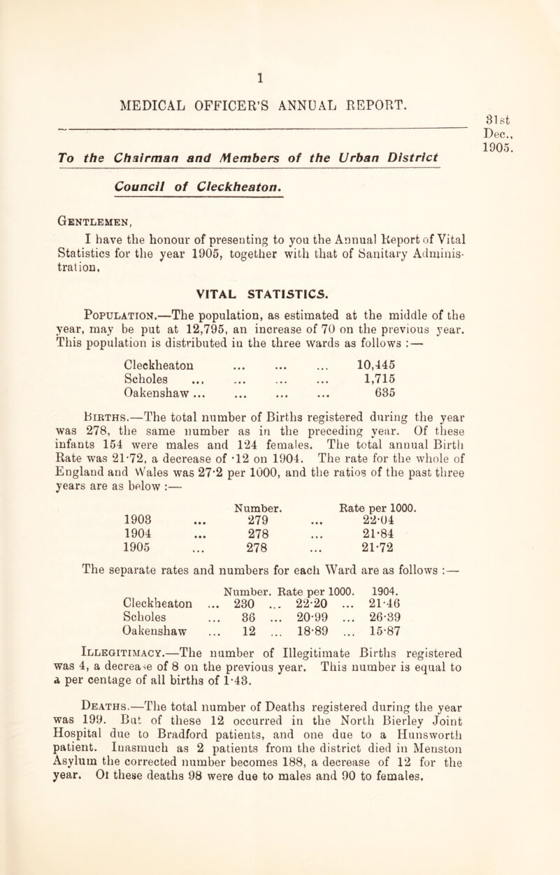 MEDICAL OFFICER’S ANNUAL REPORT. To the Chairman and Members of the Urban District Council of Cleckheaton. 81st Dec., 1905. Gentlemen, I have the honour of presenting to you the Annual Report of Vital Statistics for the year 1905, together with that of Sanitary Adminis- tration, VITAL STATISTICS. Population.—The population, as estimated at the middle of the year, may be put at 12,795, an increase of 70 on the previous year. This population is distributed in the three wards as follows : — Cleckheaton ... ... ... 10,445 Scholes ... ... ... ... 1,715 Oakenshaw... ... ... ... 635 Births.—The total number of Births registered during the year was 278, the same number as in the preceding year. Of these infants 154 were males and 124 females. The total annual Birth Rate was 21-72, a decrease of -12 on 1904. The rate for the whole of England and Wales was 27*2 per 1000, and the ratios of the past three years are as below 1908 1904 1905 Number. 279 278 278 Kate per 1000. 22-04 21-84 21-72 The separate rates and numbers for each Ward are as follows Number. Rate per 1000. 1904. Cleckheaton ... 230 ... 22-20 ... 21-46 Scholes ... 36 ... 20*99 ... 26-39 Oakenshaw ... 12 ... 18-89 ... 15*87 Illegitimacy.—The number of Illegitimate Births registered was 4, a decrease of 8 on the previous year. This number is equal to a per centage of all births of 1-43. Deaths.—The total number of Deaths registered during the year was 199. But of these 12 occurred in the North Bierley Joint Hospital due to Bradford patients, and one due to a Hunsworth patient. Inasmuch as 2 patients from the district died in Menston Asylum the corrected number becomes 188, a decrease of 12 for the year. Ol these deaths 98 were due to males and 90 to females.