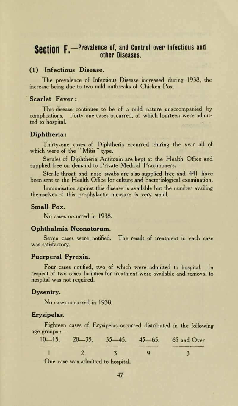 Section F.—Ppevalence and Contpol over Infectious and other Diseases. (1) Infectious Disease. The prevalence of Infectious Disease increased during 1938, the increase being due to two mild outbreaks of Chicken Pox. Scarlet Fever : This disease continues to be of a mild nature unaccompanied by complications. Forty-one cases occurred, of which fourteen were admit- ted to hospital. Diphtheria: Thirty-one cases of Diphtheria occurred during the year all of which were of the “ Mitis ” type. Serules of Diphtheria Antitoxin are kept at the Health Office and supplied free on demand to Private Medical Practitioners. Sterile throat and nose swabs are also supplied free and 441 have been sent to the Health Office for culture and bacteriological examination. Immunisation against this disease is available but the number availing themselves of this prophylactic measure is very small. Small Pox. No cases occurred in 1938. Ophthalmia Neonatorum. Seven cases were notified. The result of treatment in each case was satisfactory. Puerperal Pyrexia. Four cases notified, two of which were admitted to hospital. In respect of two cases facilities for treatment were available and removal to hospital was not required. Dysentry. No cases occurred in 1938. Erysipelas. Eighteen cases of Erysipelas occurred distributed in the following age groups :— 10—15. 20—35. 35—45. 45—65. 65 and Over 12 3 9 3 One case was admitted to hospital.