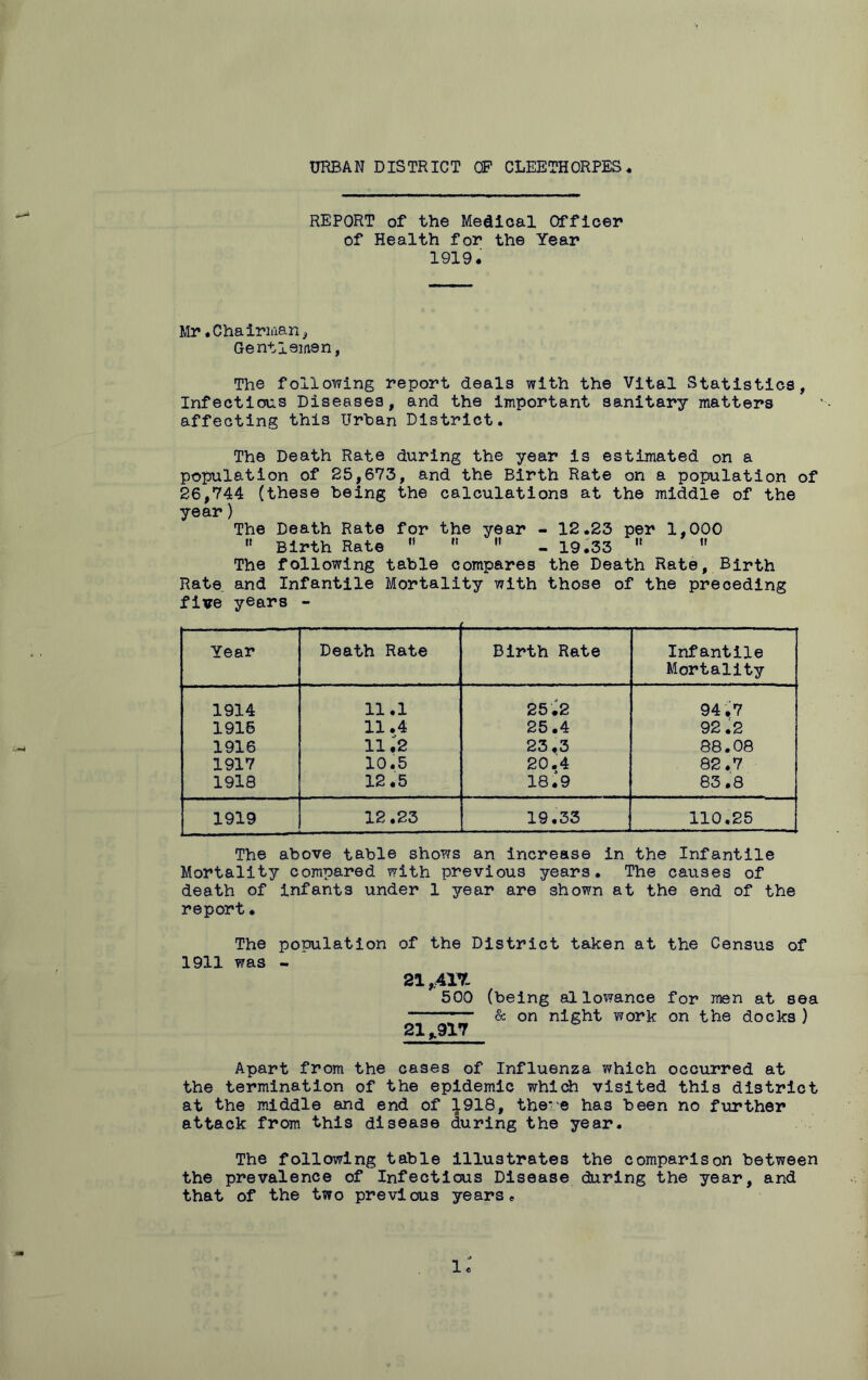 URBAN DISTRICT OF CLEETHORPES REPORT of the Medical Officer of Health for the Year 1919. Mr.Chairman, Gentlemen, The following report deals with the Vital Statistics, Infectious Diseases, and the important sanitary matters affecting this Urban District. The Death Rate during the year is estimated on a population of 25,673, and the Birth Rate on a population of 26,744 (these being the calculations at the middle of the year) The Death Rate for the year - 12.23 per 1,000  Birth Rate    - 19.33 n w The following table compares the Death Rate, Birth Rate and Infantile Mortality with those of the preceding five years - Year Death Rate Birth Rate Infantile Mortality 1914 11.1 25.2 94.7 1916 11.4 25.4 92.2 1916 11.2 23,3 88.08 1917 10.5 20.4 82.7 1918 12.5 18 .*9 83.8 1919 12.23 19.33 110.25 The above table shows an increase in the Infantile Mortality compared with previous years. The causes of death of infants under 1 year are shown at the end of the report• The population of the District taken at the Census of 1911 was - 21,417. 500 (being allowance for men at sea & on night work on the docks ) 21 ,.917 Apart from the cases of Influenza which occurred at the termination of the epidemic which visited this district at the middle and end of 1918, the- e has been no further attack from this disease during the year. The following table illustrates the comparison between the prevalence of Infectious Disease during the year, and that of the two previous yearse