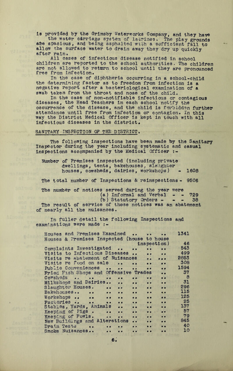 is provided by the Grimsby Waterworks Company, and they have the water carriage system of latrines. The play grounds ai?e spacious, and being asphalted with a sufficient fall to allow the surface water to drain away they dry up quickly after rain* All cases of infectious disease notified in school children are reported to the school authorities. The children are not allowed to return to school until they are pronounced free from infection* In the case of diphtheria occurring in a school-child the determining factor as to freedom from infection is a negative report after a bacteriological examination of a swab taken from the throat and nose of the child* In the case of non-notiftable infectious or contagious diseases, the Head Teachers in each school notify the occurrence of the disease, and the child is forbidden further attendance until free from infection or contagion. In this way the District Medical Officer is kept in touch with all infectious diseases in the district* SANITARY INSPECTION OF THE DISTRICT. The following inspections have been made by the Sanitary Inspector during the year including systematic and casual inspections accompanied by the Medical Officer :~ Number of Premises inspected (including private dwellings, tents, bakehouses, slaughter houses, cowsheds, dairies, workshops) - 1608 The total number of Inspections & reinspections - 9506 The number of notices served during the year were (a) Informal and Verbal - - 729 (b) Statutory Orders - - - 38 The result of service of these notices was an abatement of nearly all the nuisances. In fuller detail the following Inspections and examinations were made Houses and Premises Examined .. .. .* 1341 Houses & Premises Inspected (house to house inspection) 46 Complaints Investigated •• •• •• •• 543 Visits to Infectious Diseases .. .. .. 499 Visits re abatement of Nuisances .. ... 2853 Visits re food on sale .. •• •• «• 308 Public Conveniences . • •• •« «. •« 1594 Pried. Fish Shops and Offensive Trades •* 37 Cowsheds .. *• •••• •• .♦ •• 8 Milks'nops and Dairies.. ♦. .. •• 31 Slaughter Houses. «• •• •• «• •• 296 Bakehouses.. •• •• •• •• •• ... 115 Workshops •* .. *• •• •• •• •• 125 Factories .. .. •• •• .. .. •• 25 Stables, Yards, Animals •• •• .. •• 137 Keeping of Pigs . .*•• •• «« .. 57 Keeping of Fowls. .. •• .. •• • • 79 New Buildings and Alterations 845 Drain Tests «. •« .. .. •• 40 Smoke Nuisances.. •• •• •• .♦ ♦* 10