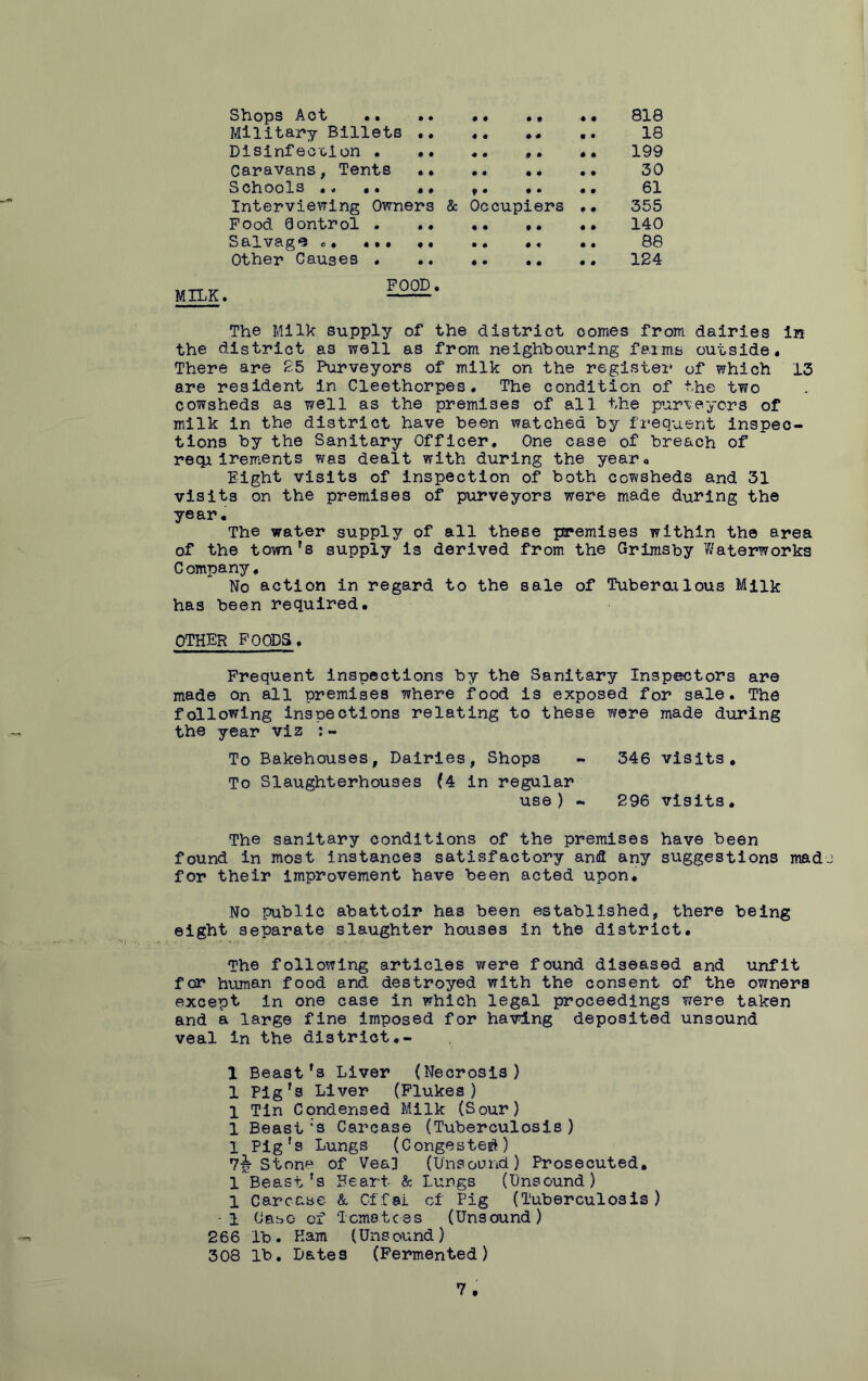 MILK. Shops Act .. , .. 818 Military Billets •• «• ». .. 18 Disinfection . •• «. ,. .. 199 Caravans, Tents • • 30 Schools . « • . . , f » •« •• 61 Interviewing Owners & Occupiers •• 355 Pood Qontrol . . • •• .. .. 140 Salvage ••• 88 Other Causes . .. .. .. •• 124 FOOD. The Milk supply of the district comes from dairies in the district as well as from neighbouring farms outside. There are 25 Purveyors of milk on the register of which 13 are resident in Cleethorpes. The condition of the two cowsheds as well as the premises of all the purveyors of milk in the district have been watched by frequent inspec- tions by the Sanitary Officer, One case of breach of reqiirements was dealt with during the year. Eight visits of inspection of both cowsheds and 31 visits on the premises of purveyors were made during the year. The water supply of all these premises within the area of the town's supply is derived from the Grimsby Waterworks C ompany. No action in regard to the sale of Tuberculous Milk has been required. other foods. Frequent inspections by the Sanitary Inspectors are made on all premises where food is exposed for sale. The following inspections relating to these were made during the year viz :~ To Bakehouses, Dairies, Shops - 346 visits. To Slaughterhouses (4 in regular use ) - 296 visits. The sanitary conditions of the premises have been found in most instances satisfactory and any suggestions mad for their improvement have been acted upon. No public abattoir has been established, there being eight separate slaughter houses in the district. The following articles were found diseased and unfit for human food and destroyed with the consent of the owners except in one case in which legal proceedings were taken and a large fine imposed for having deposited unsound veal in the district, - 1 Beast's Liver (Necrosis) 1 Pig's Liver (Flukes) 1 Tin Condensed Milk (Sour) 1 Beast ;s Carcase (Tuberculosis) 1 Pig's Lungs (Congested) 7b Stone of Vea] 1 1 • 1 266 308 Beast * ls Heart- & Lungs (Unsound) Prosecuted. (Unsound ) Carcase & Offai cl Pig (Tuberculosis) Oaso of Tomatoes (Unsound) lb . Kam (Uns ound) lb. Dates (Fermented)