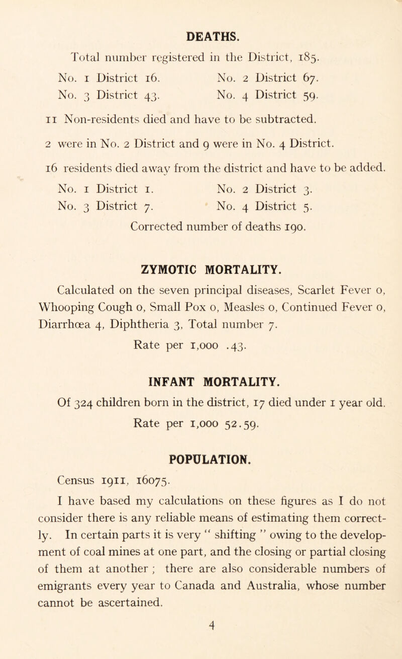 DEATHS, Total number registered in the District, 185. No. I District 16. No. 2 District 67. No. 3 District 43. No. 4 District 59. II Non-residents died and have to be subtracted. 2 were in No. 2 District and 9 were in No. 4 District. 16 residents died awav from the district and have to be added. No. I District i. No. 2 District 3. No. 3 District 7. No. 4 District 5. Corrected number of deaths 190. ZYMOTIC MORTALITY. Calculated on the seven principal diseases, Scarlet Fever o, Whooping Cough o, Small Pox o, Measles o, Continued Fever 0, Diarrhoea 4, Diphtheria 3, Total number 7. Rate per 1,000 .43. INFANT MORTALITY. Of 324 children born in the district, 17 died under i year old. Rate per 1,000 52.59. POPULATION. Census 1911, 16075. I have based my calculations on these figures as I do not consider there is any reliable means of estimating them correct- ly. In certain parts it is very “ shifting owing to the develop- ment of coal mines at one part, and the closing or partial closing of them at another ; there are also considerable numbers of emigrants every year to Canada and Australia, whose number cannot be ascertained.