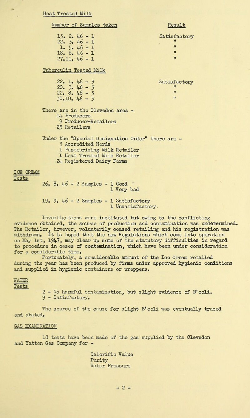 Heat Treated Milk Number of Samples taken Result 13. 2. 46 - l 22. 3. 46 - 1 1. 3. 46 - 1 18. 6. 46 - 1 27.11. 46 -1 Tuberculin Tested Milk 22. 1. 46 - 3 20. 3. 46 - 3 22. 8. 46 - 3 30.10. 46 -3 There are in the Clevedon area - 14 Producers 9 Producer-Retailers 25 Retailers Under the Special Designation Order there are - 3 Accredited Herds 1 Pasteurising Milk Retailer 1 Heat Treated Milk Retailer 24 Registered Dairy Farms Satisfactory ft f» ft If Satisfactory ii ti ICE CREAM Tests 26. 8. 46 - 2 Samples - 1 Good ' 1 Very bad 19. 9. 46 - 2 Samples - 1 Satisfactory 1 Unsatisfactory, Investigations were instituted but owing to the conflicting evidence obtained, the source of production and contamination was undetermined. The Retailer, however, voluntarily ceased retailing and his registration was withdrawn. It is hoped that the new Regulations which come into operation on May 1st, 1947, may clear up sane of the statutory difficulties in regard to procedure in cases of contamination, which have been under consideration for a considerable time. Fortunately, a considerable amount of the Ice Cream retailed during the year has been produced by firms under approved hygienic conditions and supplied in hygienic containers or wrappers. WATER Tests 2 - No harmful contamination, but slight evidence of B’ coli. 9 - Satisfactory. The source of the cause for slight B*coli was eventually traced and abated. C-AS EXAMINATION 18 tests have been made of the gas supplied by the Clevedon and Tatton Gas Company for - Calorific Value Purity Water Pressure - 2 -